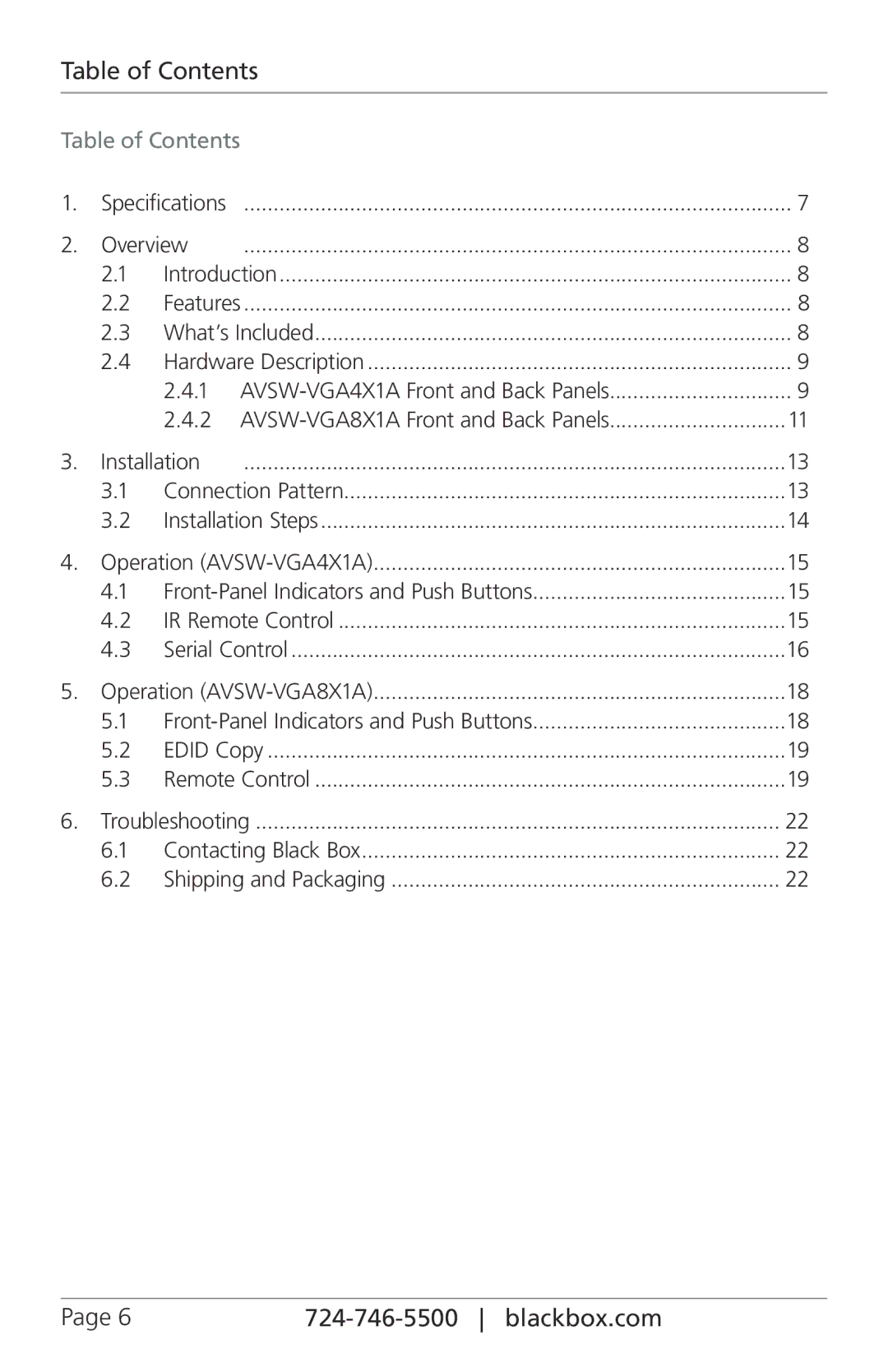 Black Box AVSW-VGA8X1A, AVSW-VGA4X1A, 4 x 1 and 8 x 1 VGA Switches with Audio manual Table of Contents 