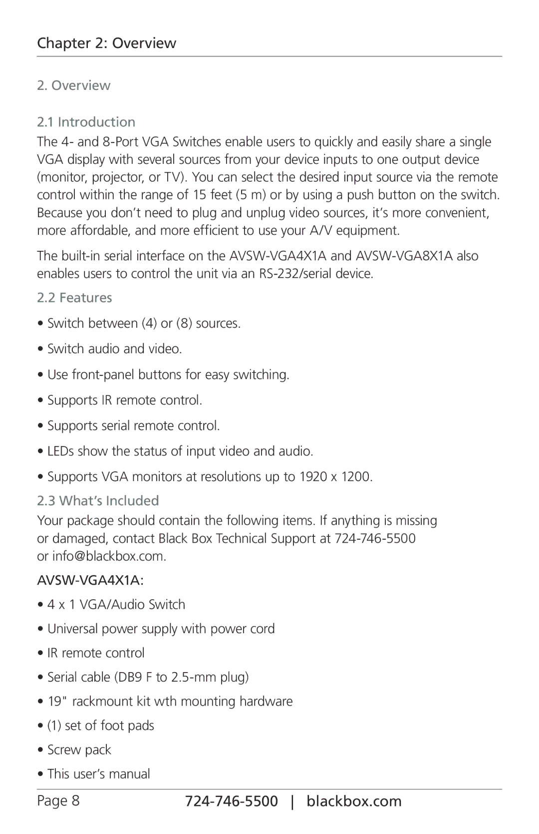 Black Box 4 x 1 and 8 x 1 VGA Switches with Audio, AVSW-VGA8X1A manual Overview Introduction, Features, What’s Included 