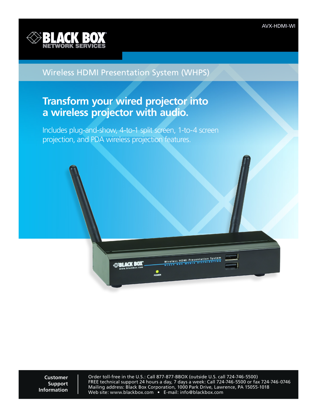 Black Box Wireless HDMI Presentation System (WHPS), AVX-HDMI-WI manual Wireless HDMI Presentation System WHPS, Avx-Hdmi-Wi 