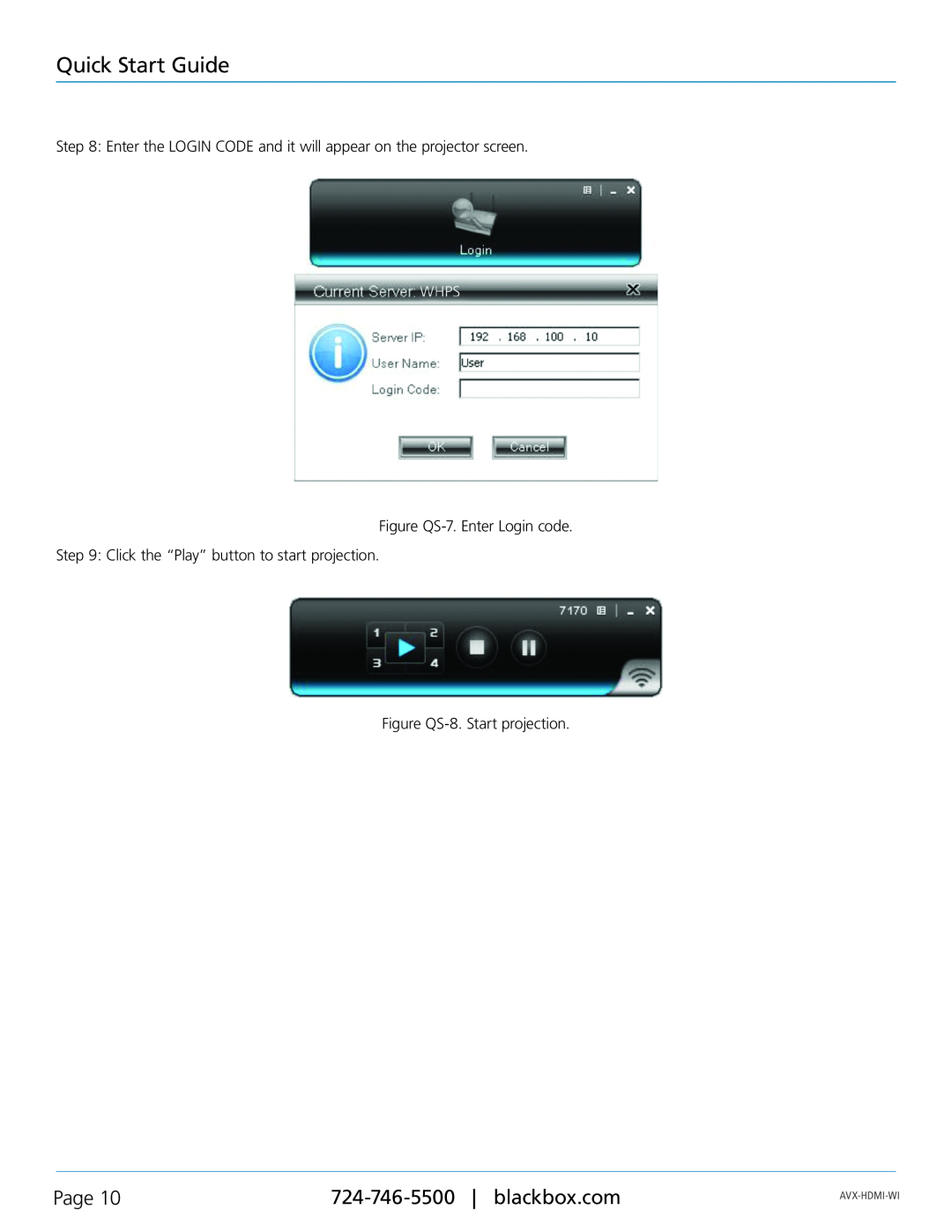 Black Box AVX-HDMI-WI Quick Start Guide, Page, Figure QS-7. Enter Login code, Click the “Play” button to start projection 