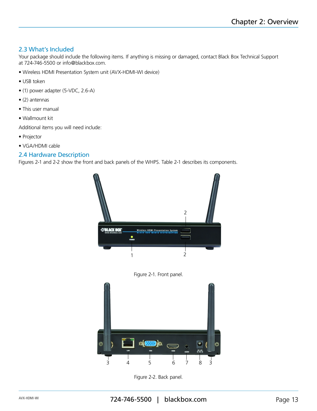 Black Box Wireless HDMI Presentation System (WHPS), AVX-HDMI-WI manual What’s Included, Hardware Description, Overview, Page 