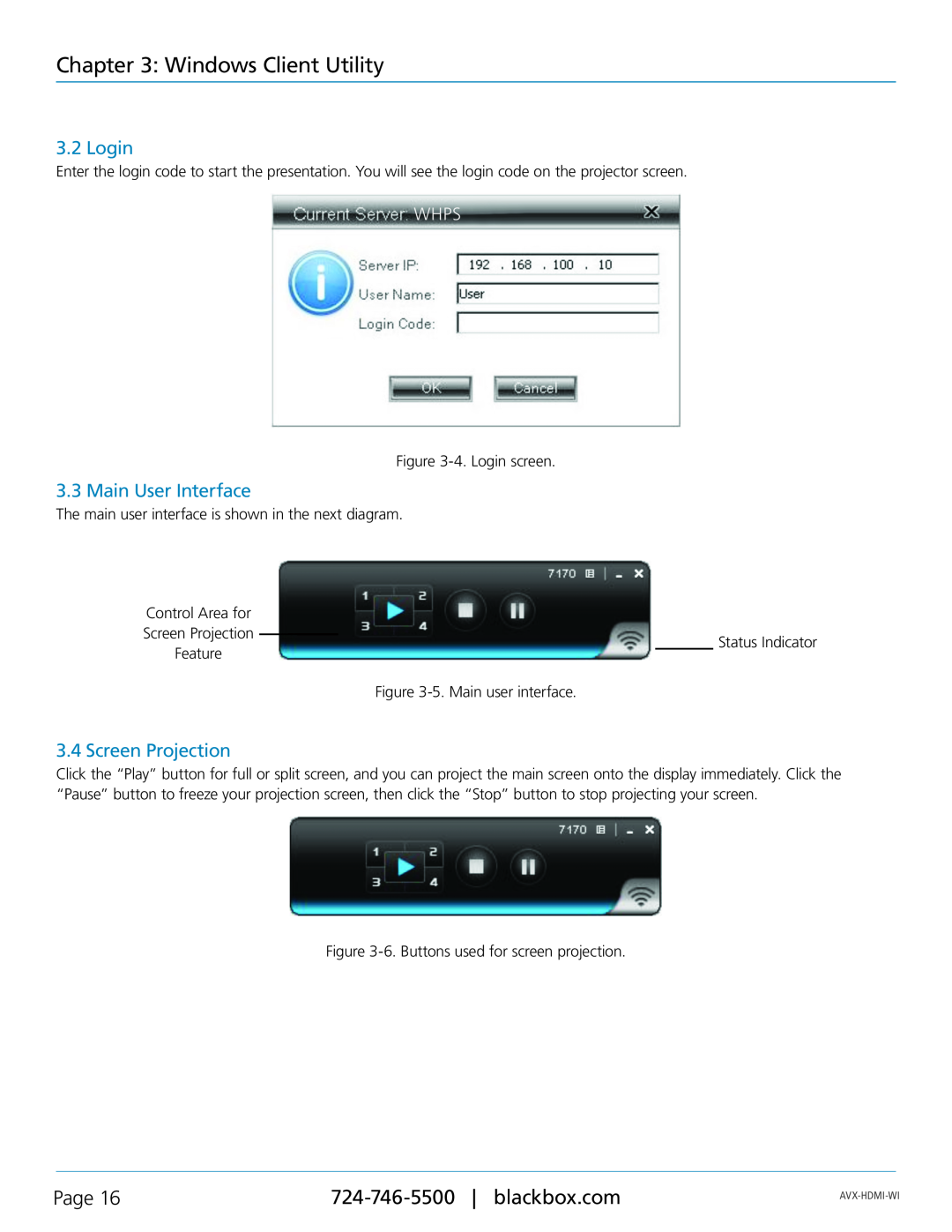 Black Box AVX-HDMI-WI manual Login, Main User Interface, Screen Projection, Windows Client Utility, Page 