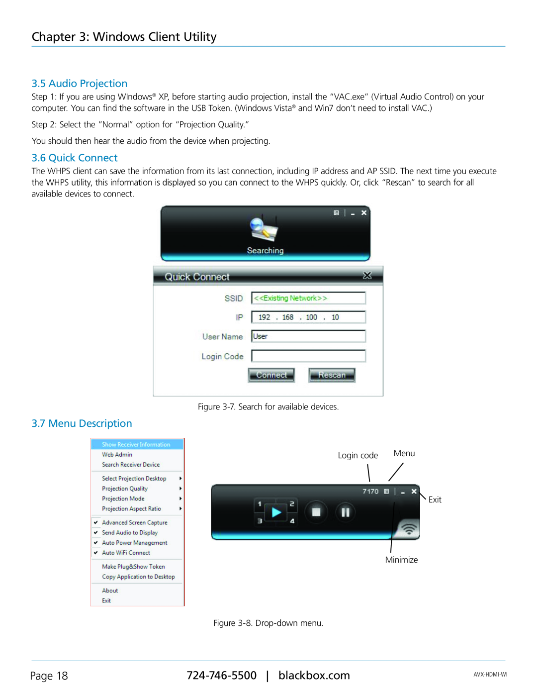 Black Box AVX-HDMI-WI manual Audio Projection, Quick Connect, Menu Description, Windows Client Utility, Page 
