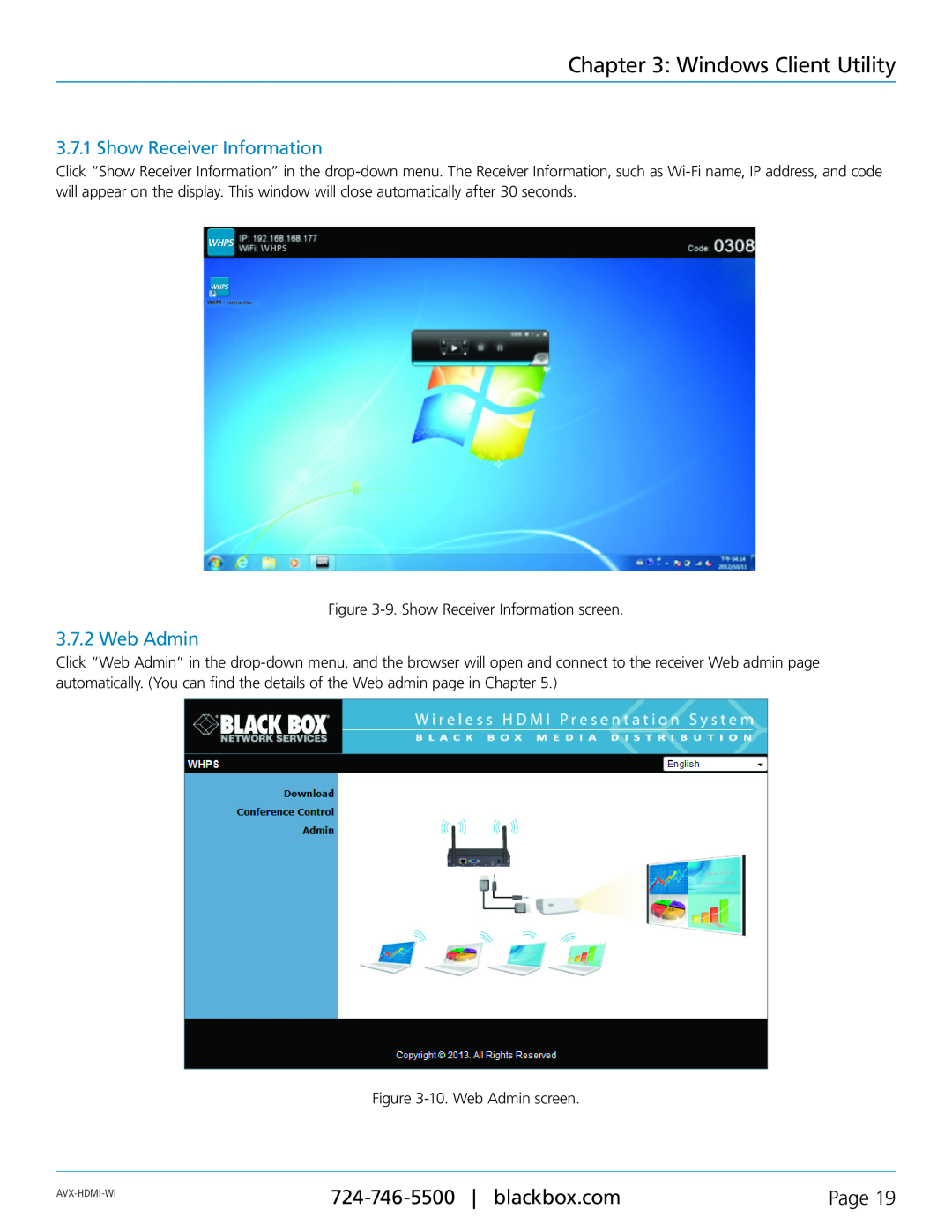 Black Box Wireless HDMI Presentation System (WHPS) Show Receiver Information, Web Admin, Windows Client Utility, Page 