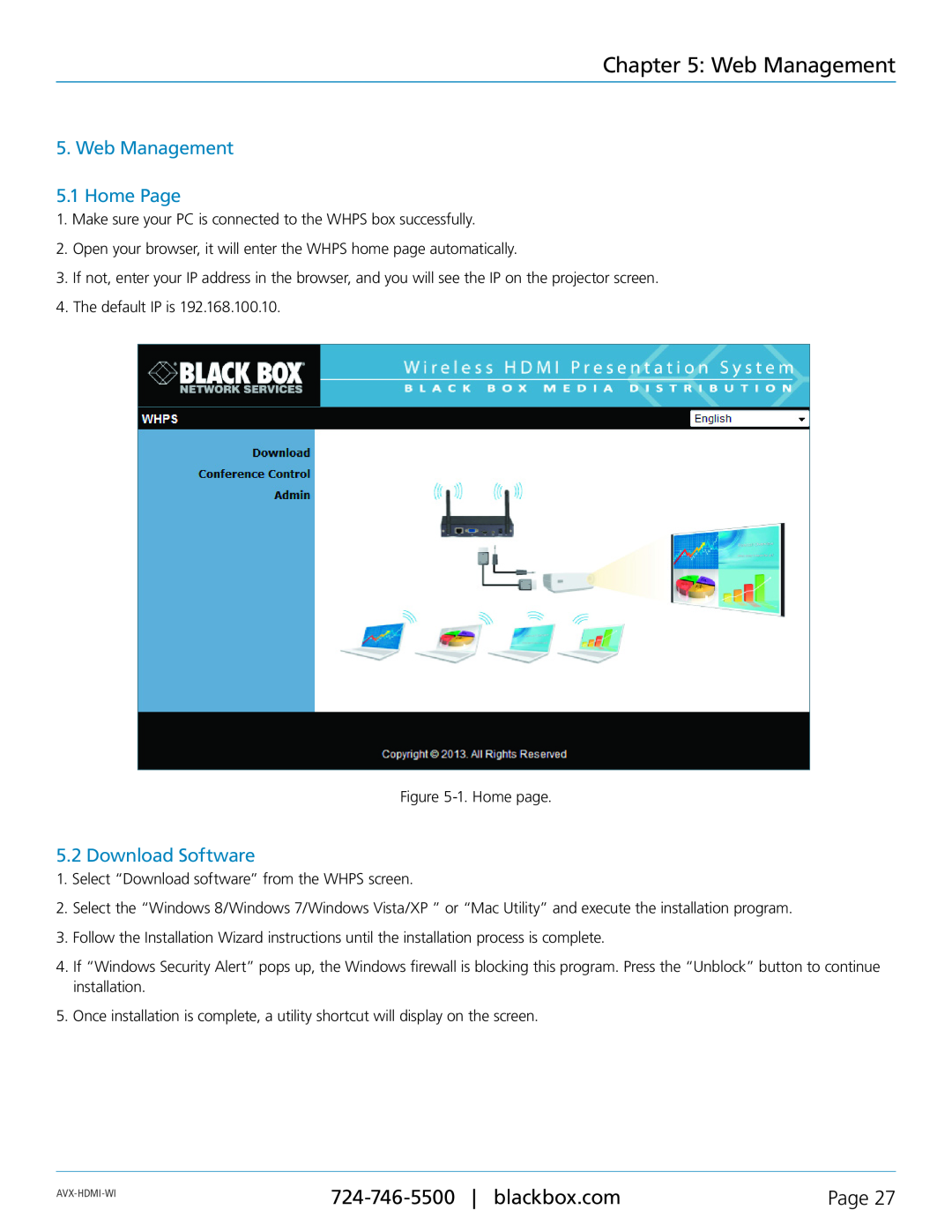 Black Box Wireless HDMI Presentation System (WHPS), AVX-HDMI-WI manual Web Management 5.1 Home Page, Download Software 
