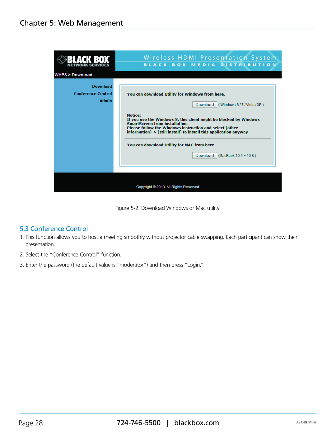 Black Box AVX-HDMI-WI manual Conference Control, Web Management, Page, 2. Download Windows or Mac utility, Avx-Hdmi-Wi 