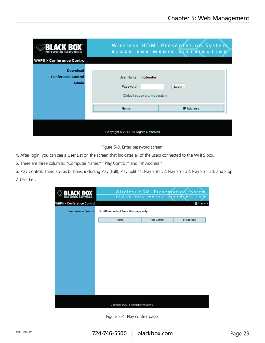 Black Box Wireless HDMI Presentation System (WHPS), AVX-HDMI-WI manual Web Management, Page, 3. Enter password screen 