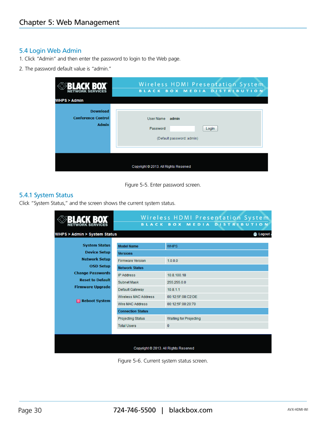 Black Box AVX-HDMI-WI manual Login Web Admin, System Status, Web Management, Page, Avx-Hdmi-Wi 