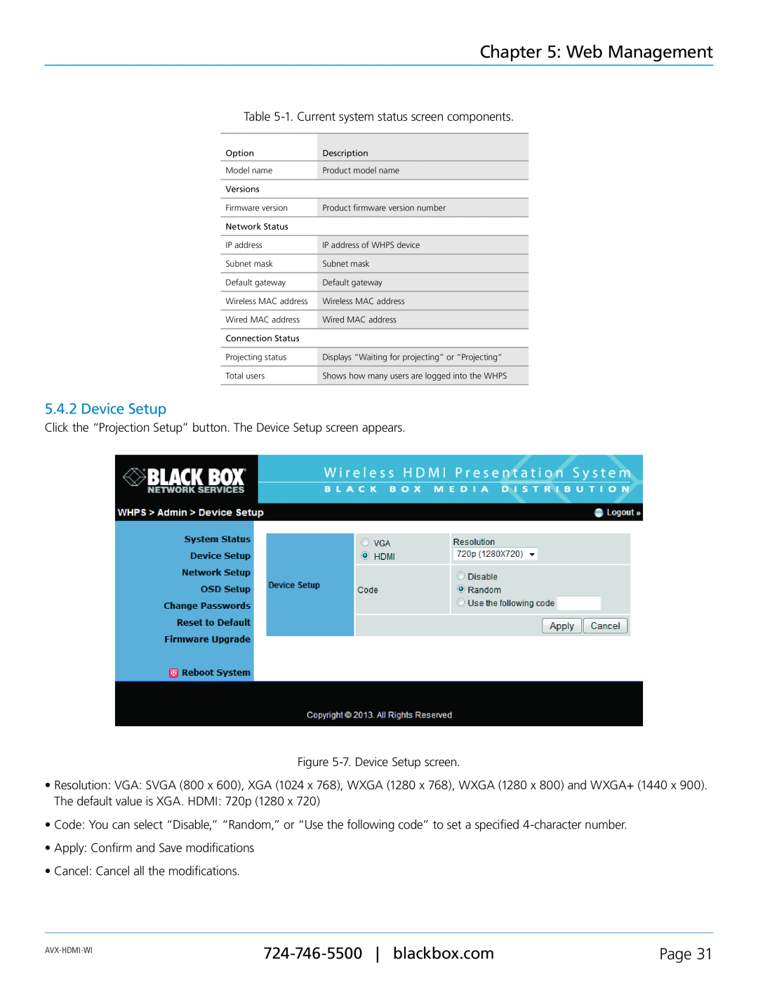 Black Box Wireless HDMI Presentation System (WHPS), AVX-HDMI-WI manual Device Setup, Web Management, Page 