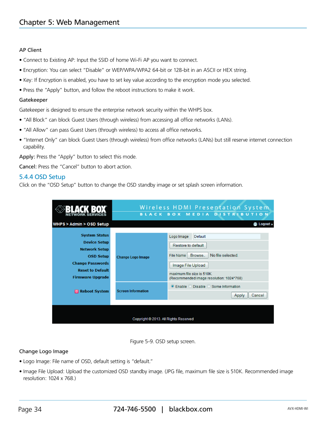 Black Box AVX-HDMI-WI, Wireless HDMI Presentation System (WHPS) manual OSD Setup, Web Management, Page 