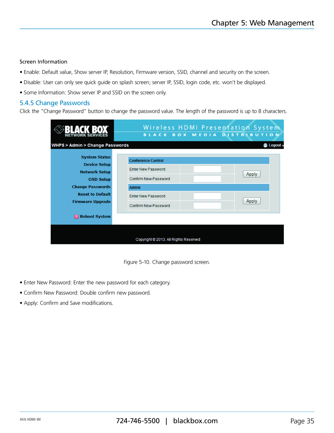 Black Box Wireless HDMI Presentation System (WHPS), AVX-HDMI-WI manual Change Passwords, Web Management, Page 