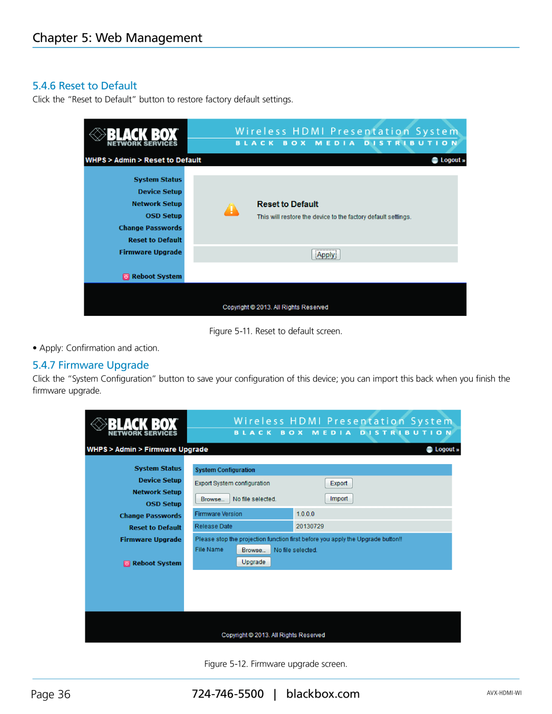 Black Box AVX-HDMI-WI manual Reset to Default, Firmware Upgrade, Web Management, Page, Avx-Hdmi-Wi 