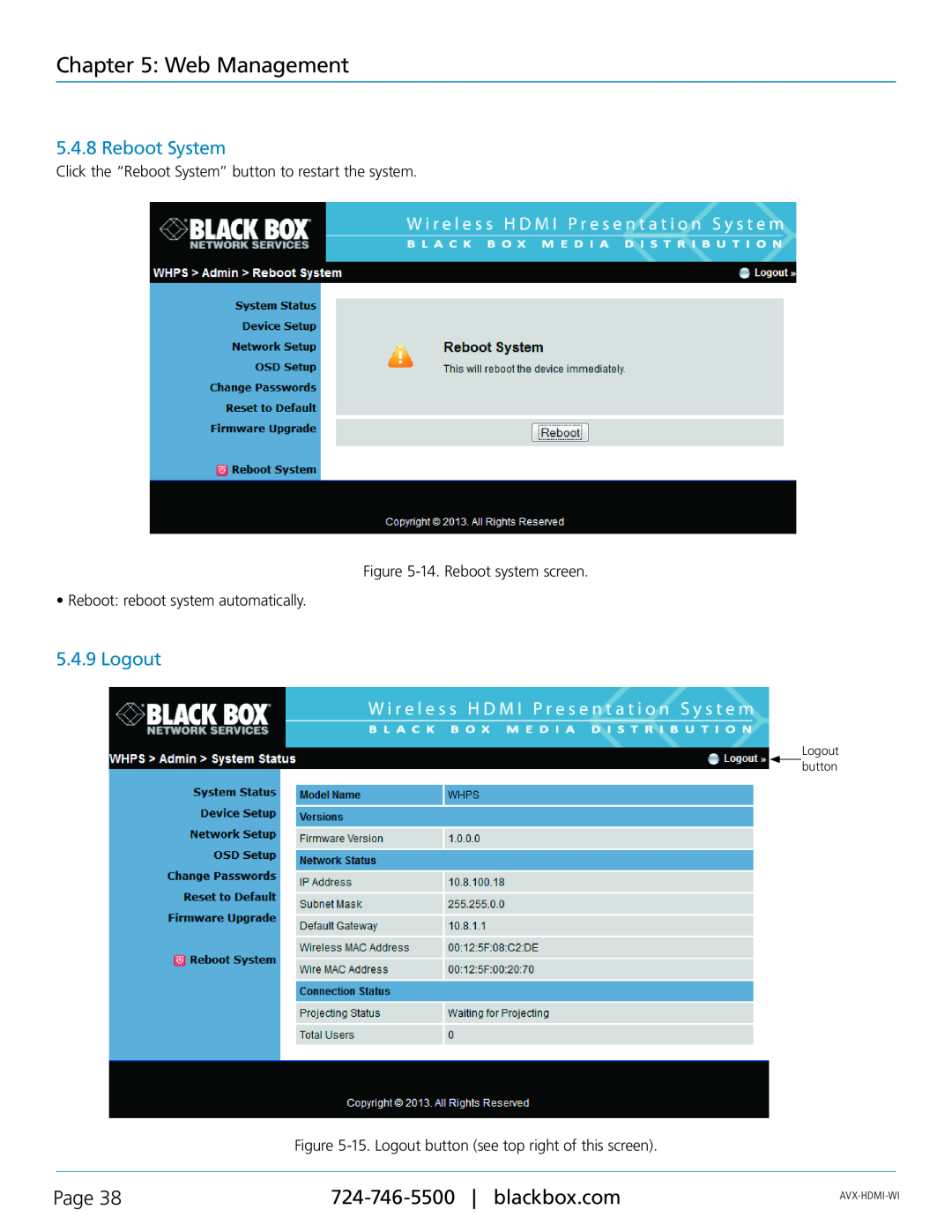 Black Box AVX-HDMI-WI, Wireless HDMI Presentation System (WHPS) Reboot System, Logout, Web Management, Page, Avx-Hdmi-Wi 