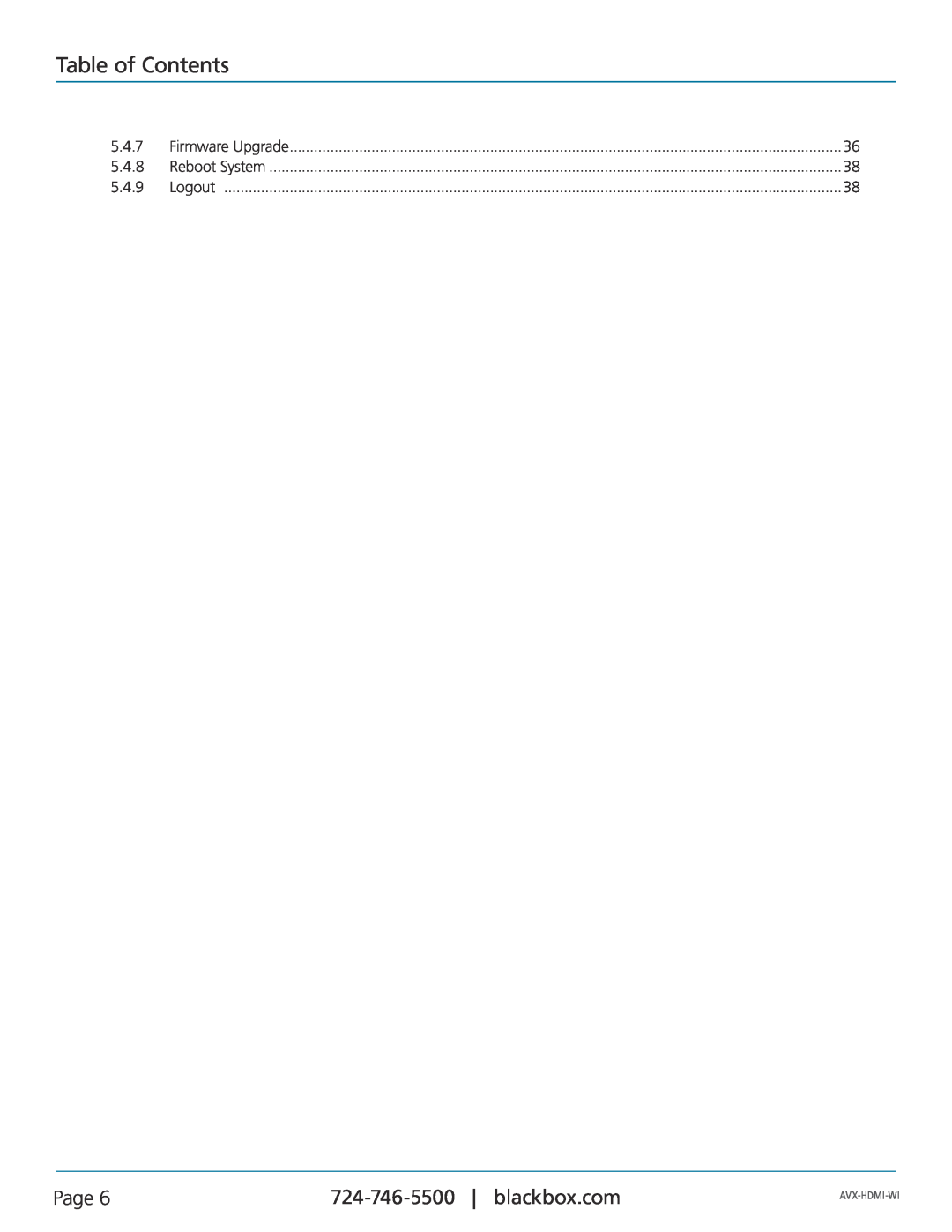 Black Box AVX-HDMI-WI manual Table of Contents, Page, Firmware Upgrade, Reboot System, Logout, Avx-Hdmi-Wi 