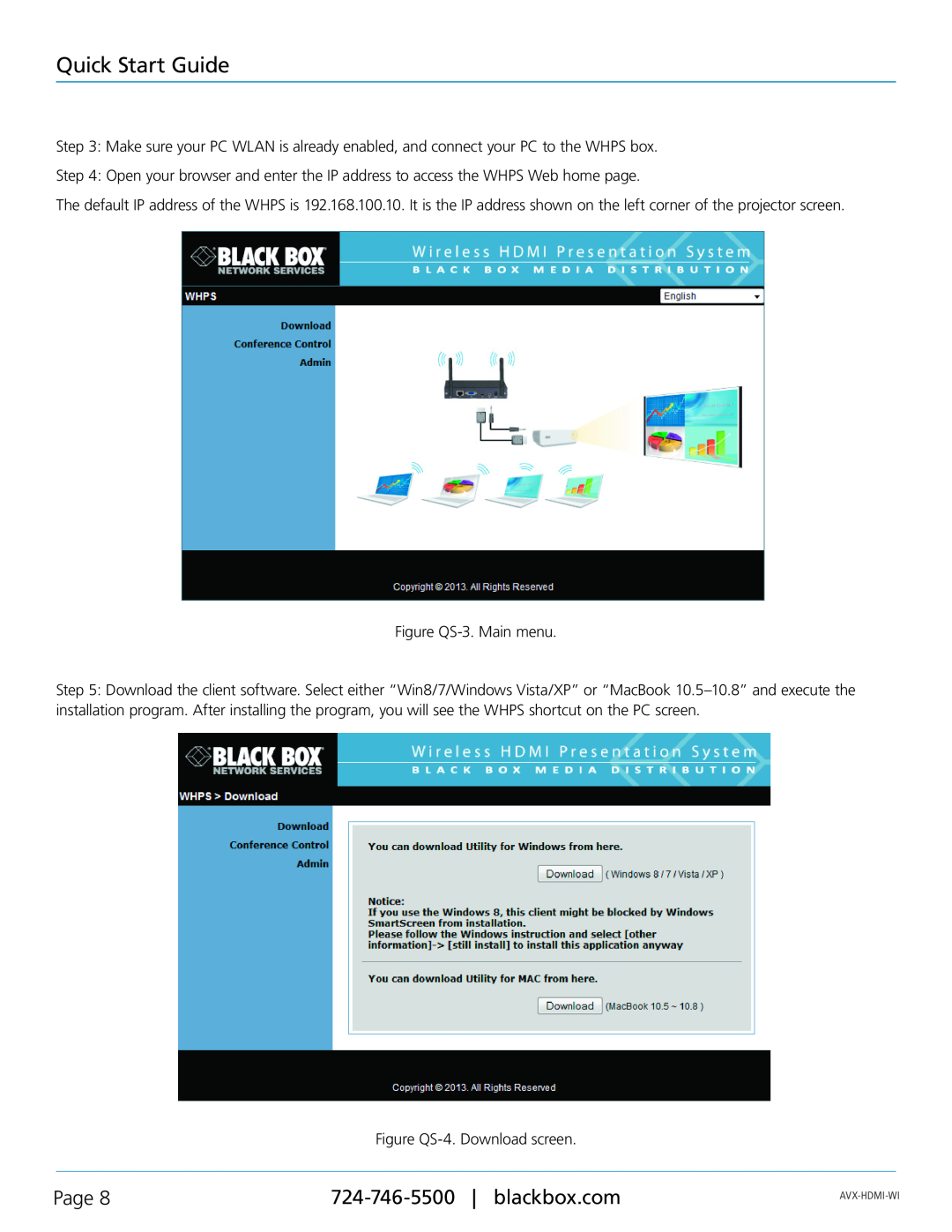 Black Box AVX-HDMI-WI, Wireless HDMI Presentation System (WHPS) manual Quick Start Guide, Page, Figure QS-3. Main menu 