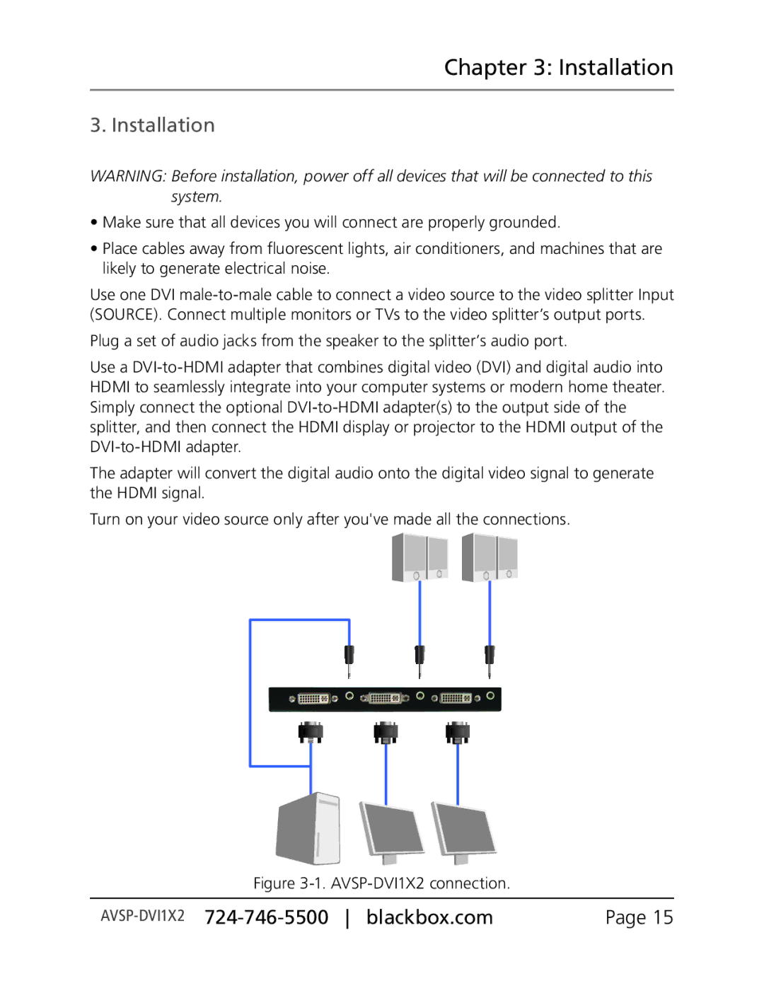 Black Box AVSP-DVI1X8, Black Box, AVSP-DVI1X2, AVSP-DVI1X4 manual Installation 