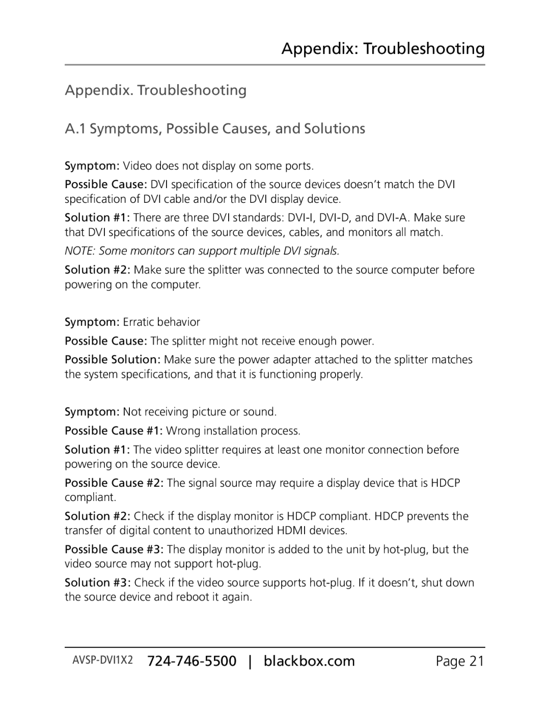 Black Box AVSP-DVI1X2, Black Box, AVSP-DVI1X4, AVSP-DVI1X8 manual Appendix Troubleshooting 