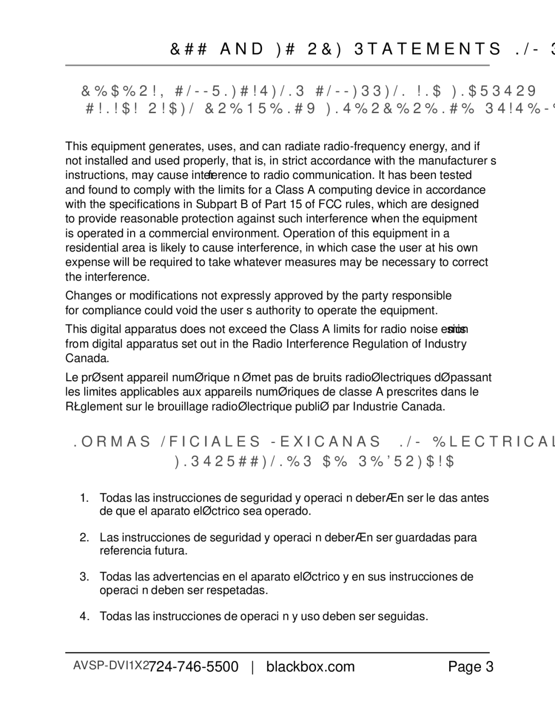 Black Box AVSP-DVI1X8 FCC and IC RFI Statements/NOM Statement, Normas Oficiales Mexicanas NOMElectrical Safety Statement 