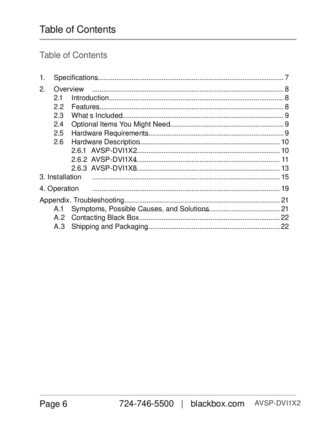 Black Box AVSP-DVI1X4, Black Box, AVSP-DVI1X2, AVSP-DVI1X8 manual Table of Contents 