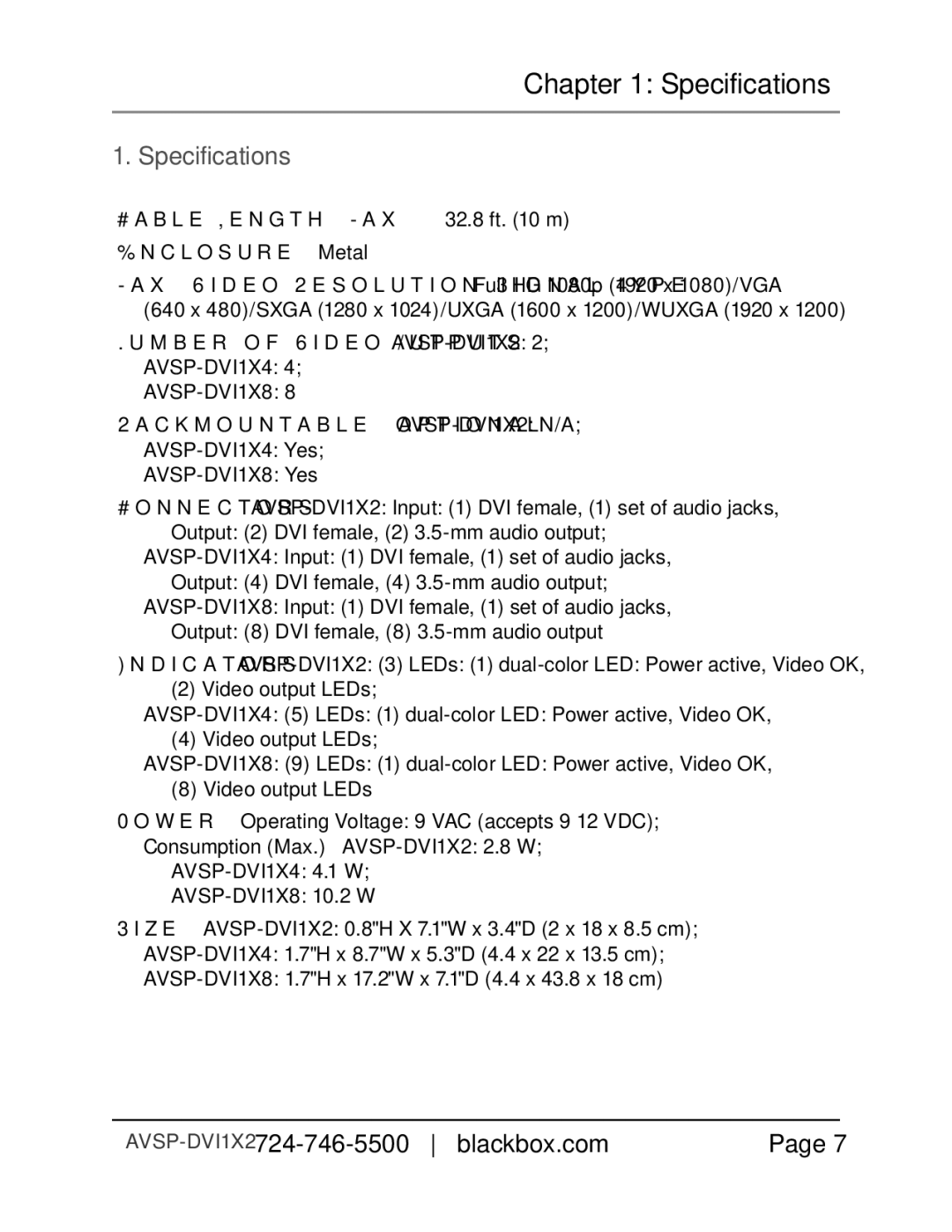 Black Box AVSP-DVI1X8, Black Box, AVSP-DVI1X2, AVSP-DVI1X4 manual Specifications 