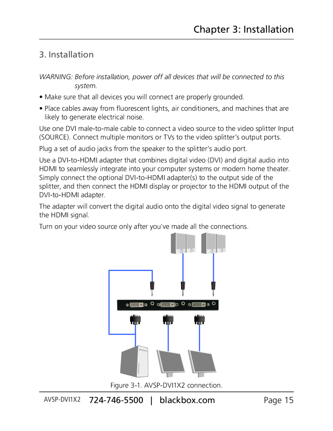 Black Box AVSP-DVI1X8, Black Box, AVSP-DVI1X4 manual Installation, AVSP-DVI1X2 724-746-5500| blackbox.com, Page 