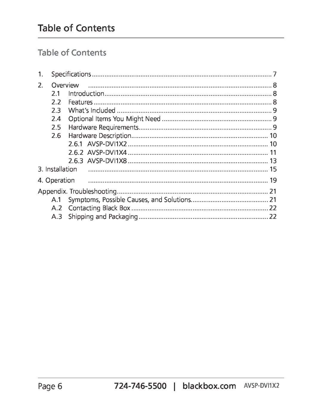 Black Box AVSP-DVI1X4, Black Box, AVSP-DVI1X8 manual Table of Contents, Page, 724-746-5500| blackbox.com AVSP-DVI1X2 