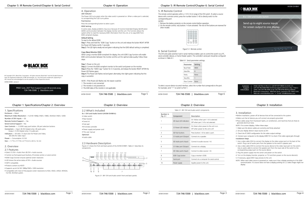 Black Box AVSW-DVI8X1 specifications Operation, IR Remote Control, Serial Control, Specifications/ Overview, Installation 