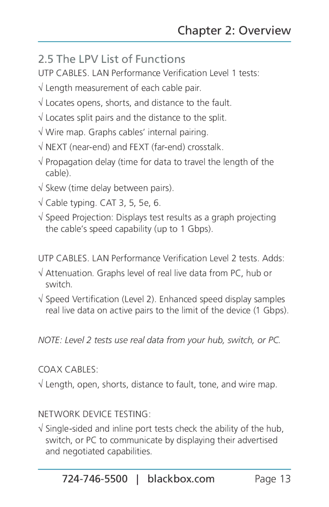 Black Box BLACK BOX CAT5/5e/6 LAN Performance Verifier, TS580A-R4 manual LPV List of Functions, Network Device Testing 