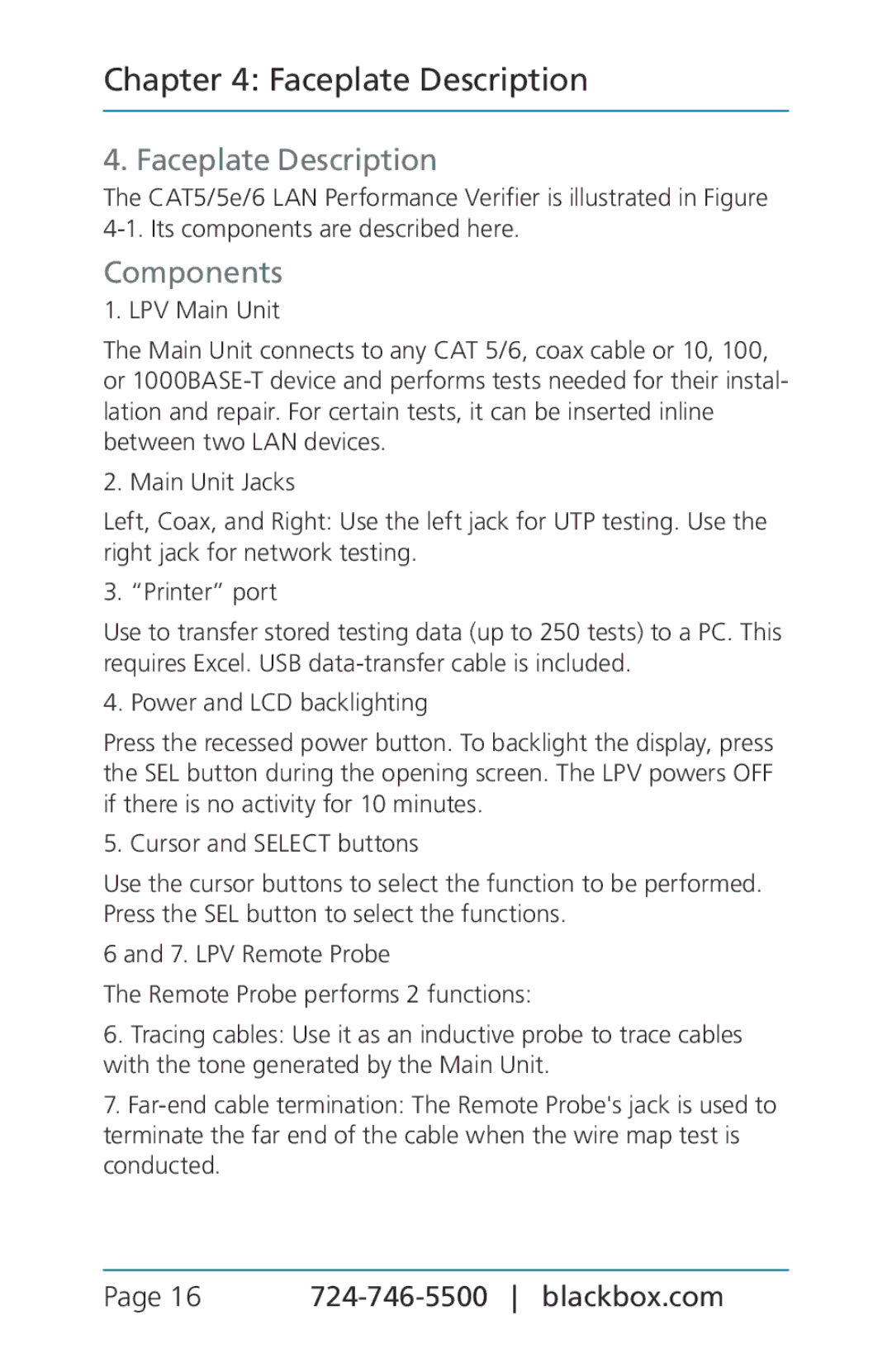 Black Box TS580A-R4 manual Faceplate Description, Components, Power and LCD backlighting 