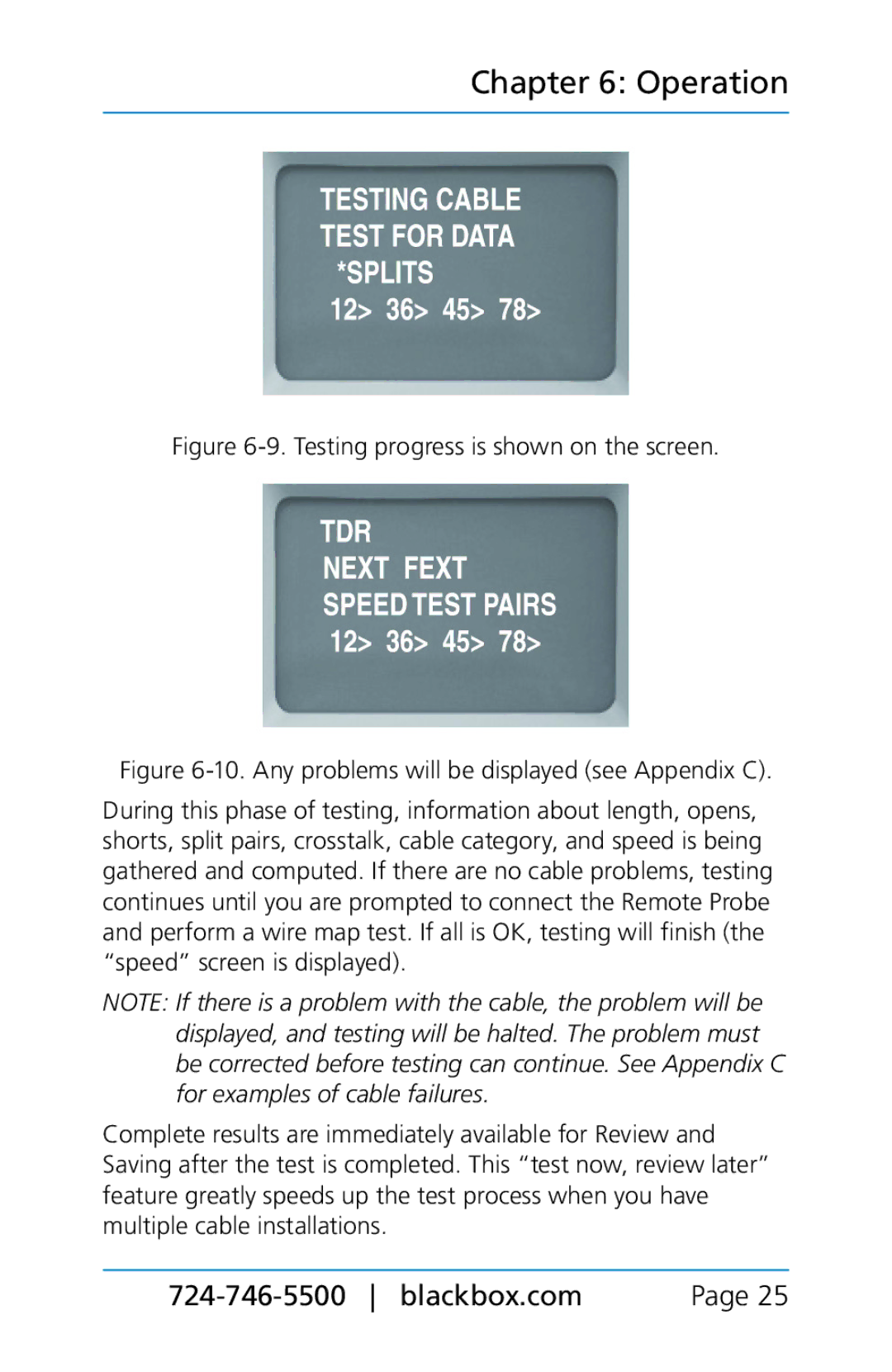 Black Box BLACK BOX CAT5/5e/6 LAN Performance Verifier, TS580A-R4 manual Testing progress is shown on the screen 