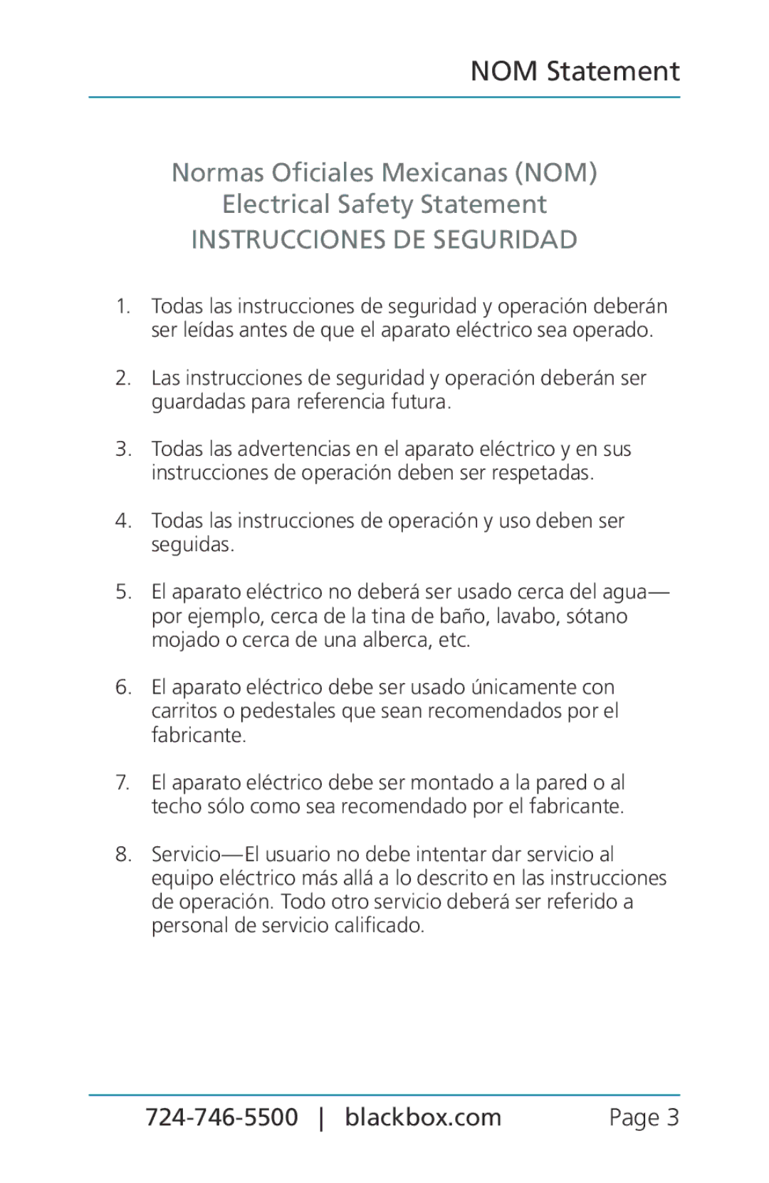 Black Box BLACK BOX CAT5/5e/6 LAN Performance Verifier manual Normas Oficiales Mexicanas NOM Electrical Safety Statement 