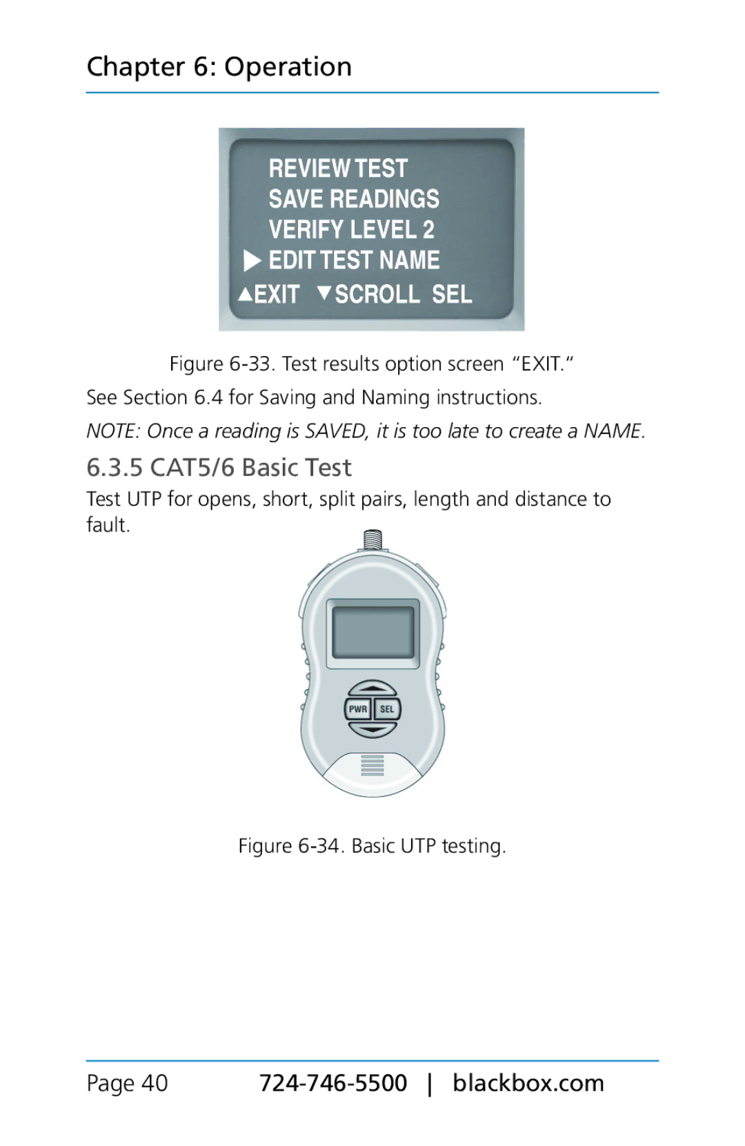 Black Box TS580A-R4, BLACK BOX CAT5/5e/6 LAN Performance Verifier manual 5 CAT5/6 Basic Test, Basic UTP testing 