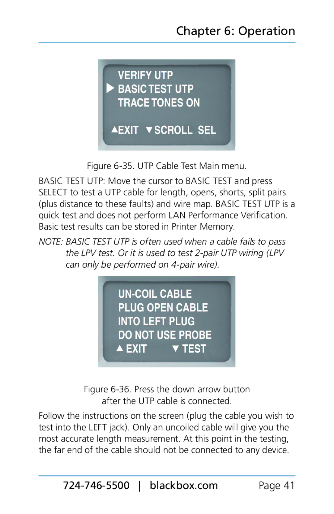 Black Box BLACK BOX CAT5/5e/6 LAN Performance Verifier, TS580A-R4 manual UTP Cable Test Main menu 