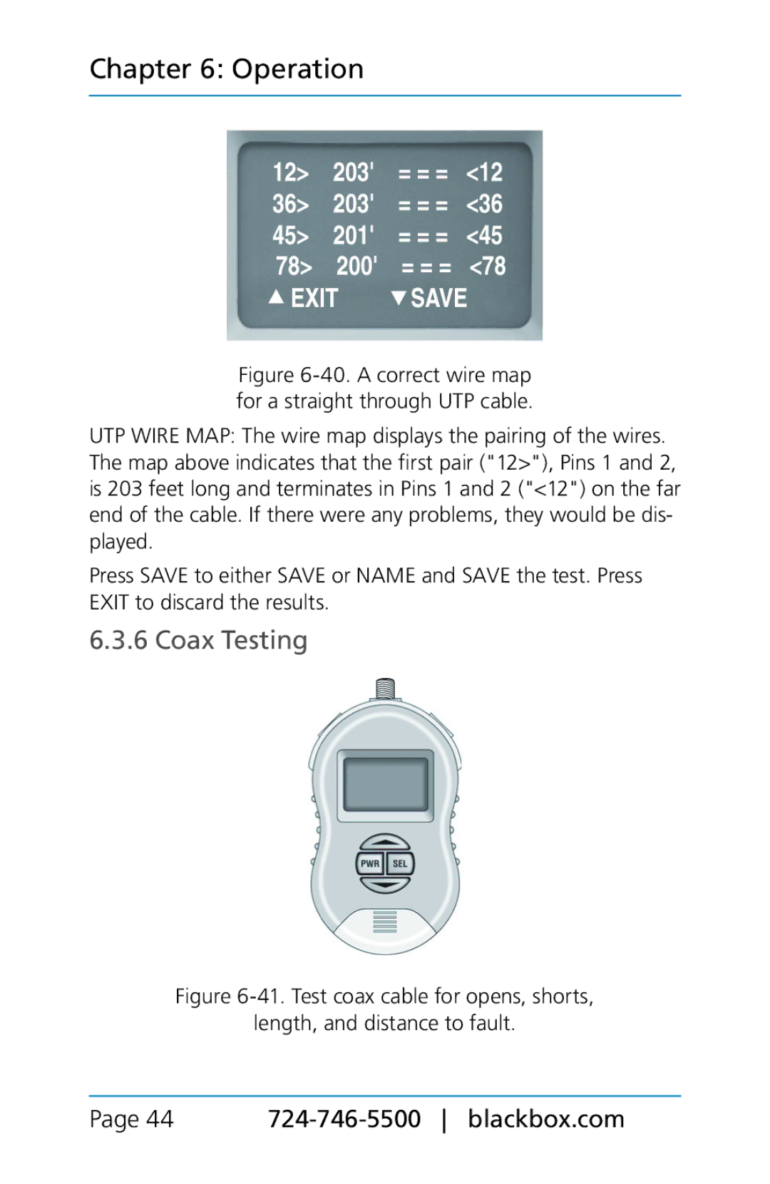 Black Box TS580A-R4 manual Coax Testing, a correct wire map for a straight through UTP cable 