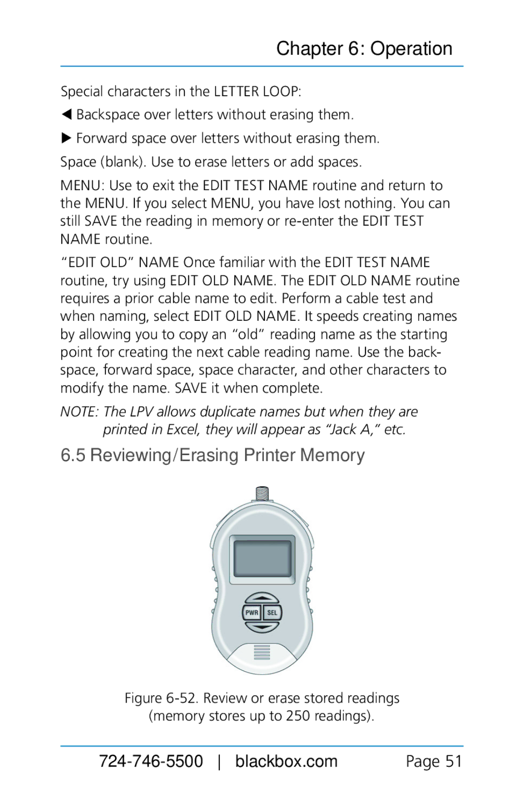 Black Box BLACK BOX CAT5/5e/6 LAN Performance Verifier, TS580A-R4 manual Reviewing/Erasing Printer Memory 