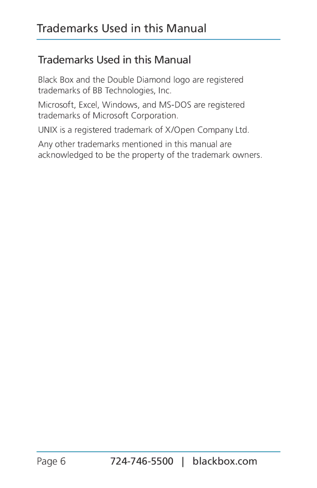 Black Box TS580A-R4, BLACK BOX CAT5/5e/6 LAN Performance Verifier manual Trademarks Used in this Manual 