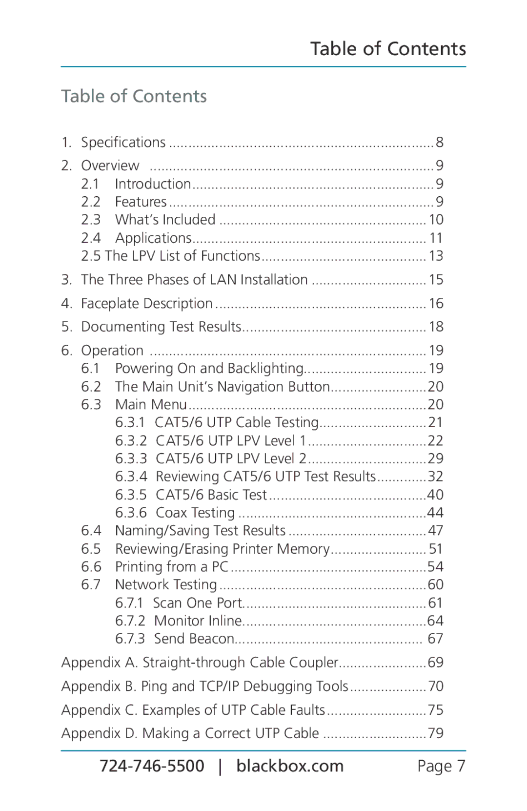 Black Box BLACK BOX CAT5/5e/6 LAN Performance Verifier, TS580A-R4 manual Table of Contents 