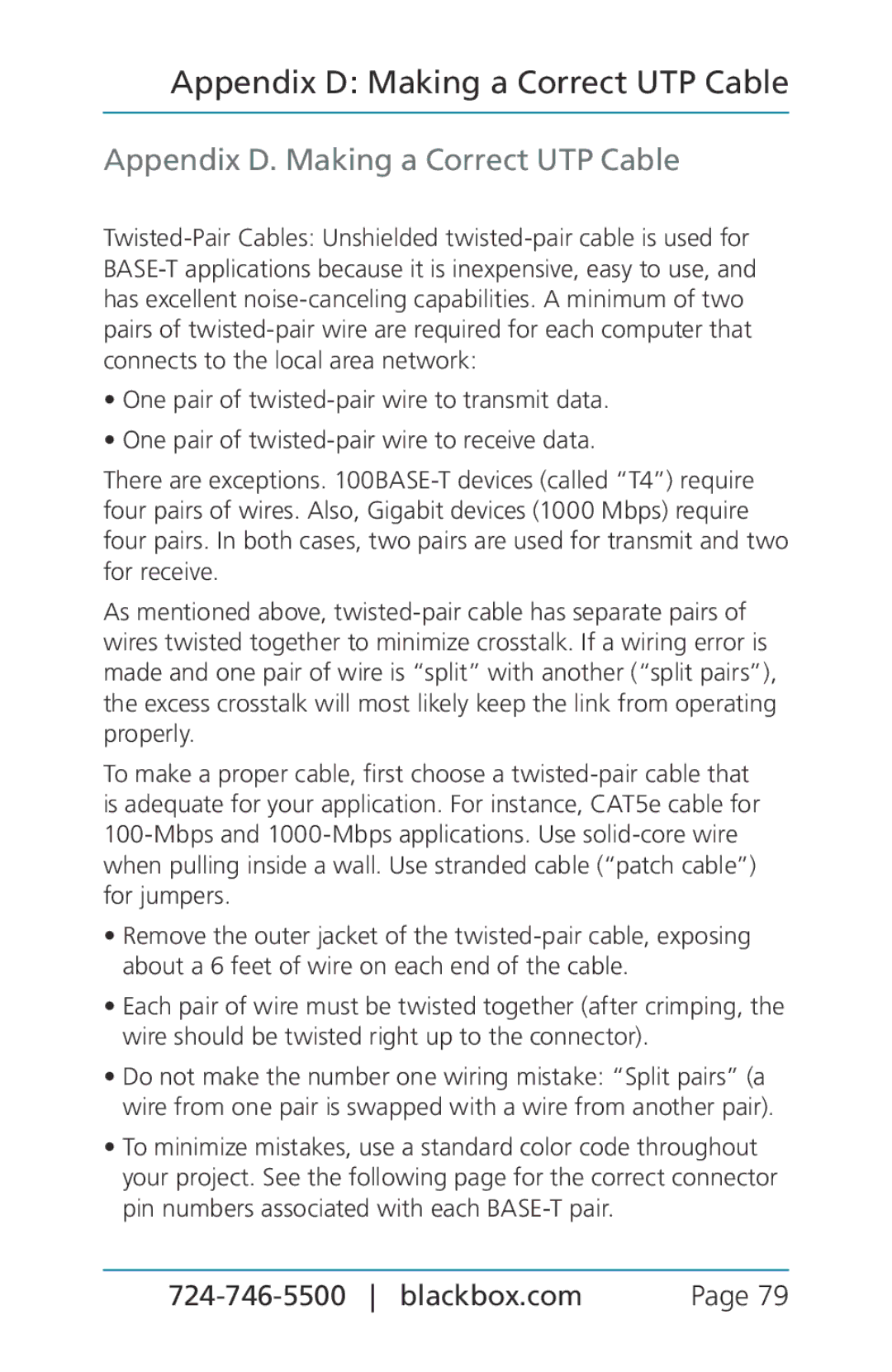 Black Box BLACK BOX CAT5/5e/6 LAN Performance Verifier, TS580A-R4 manual Appendix D. Making a Correct UTP Cable 
