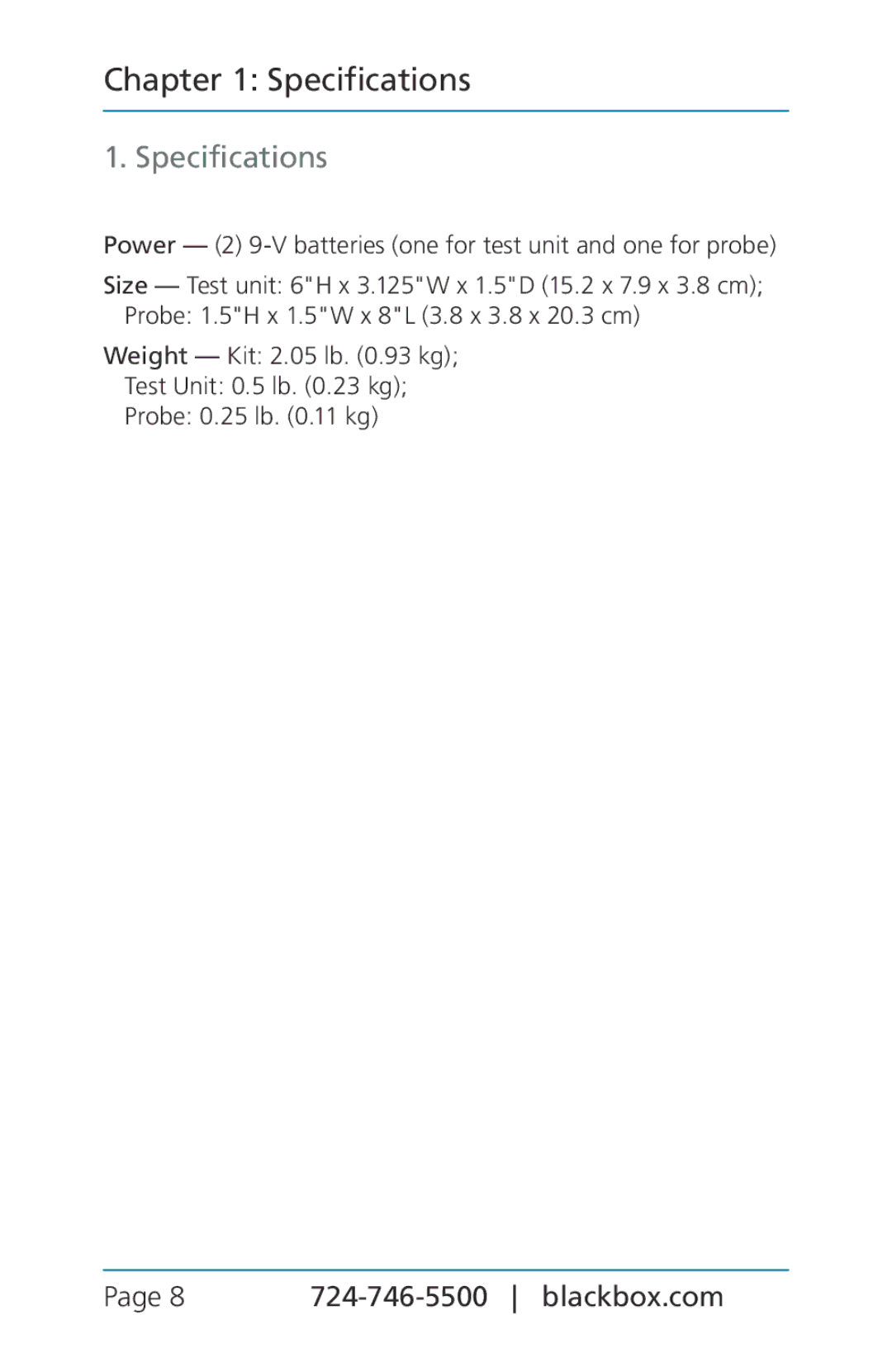 Black Box TS580A-R4 manual Specifications, Power 2 9-V batteries one for test unit and one for probe 