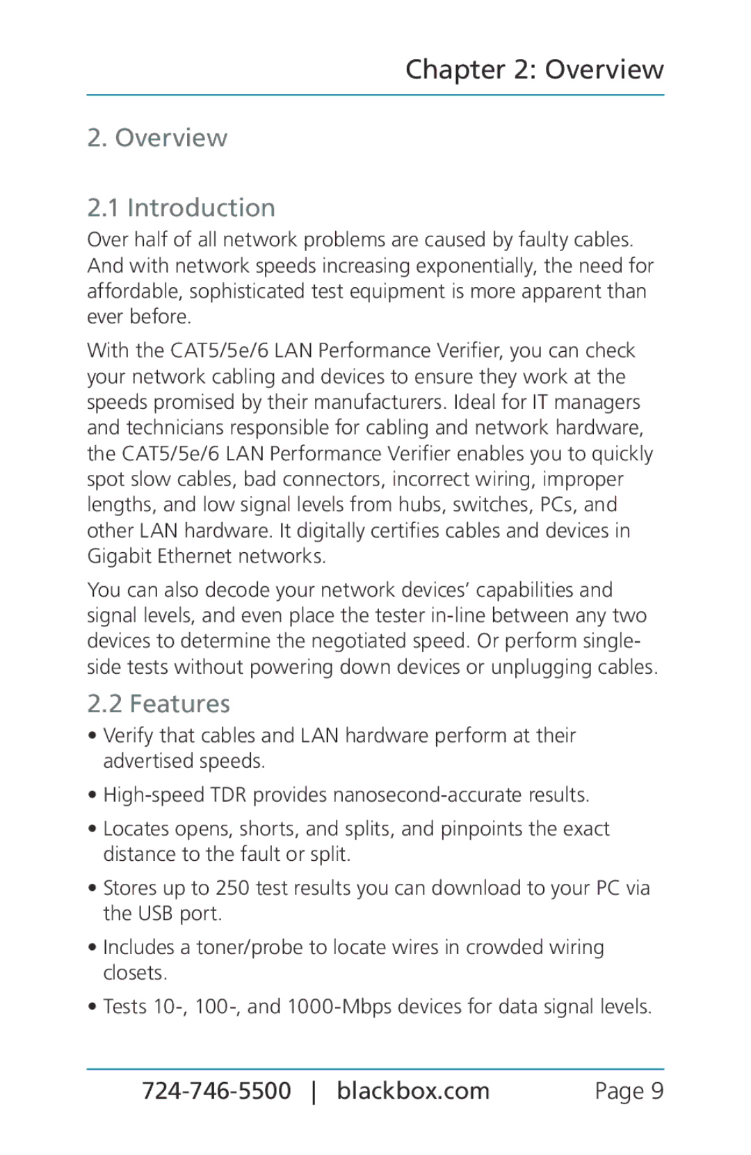 Black Box BLACK BOX CAT5/5e/6 LAN Performance Verifier, TS580A-R4 manual Overview Introduction, Features 