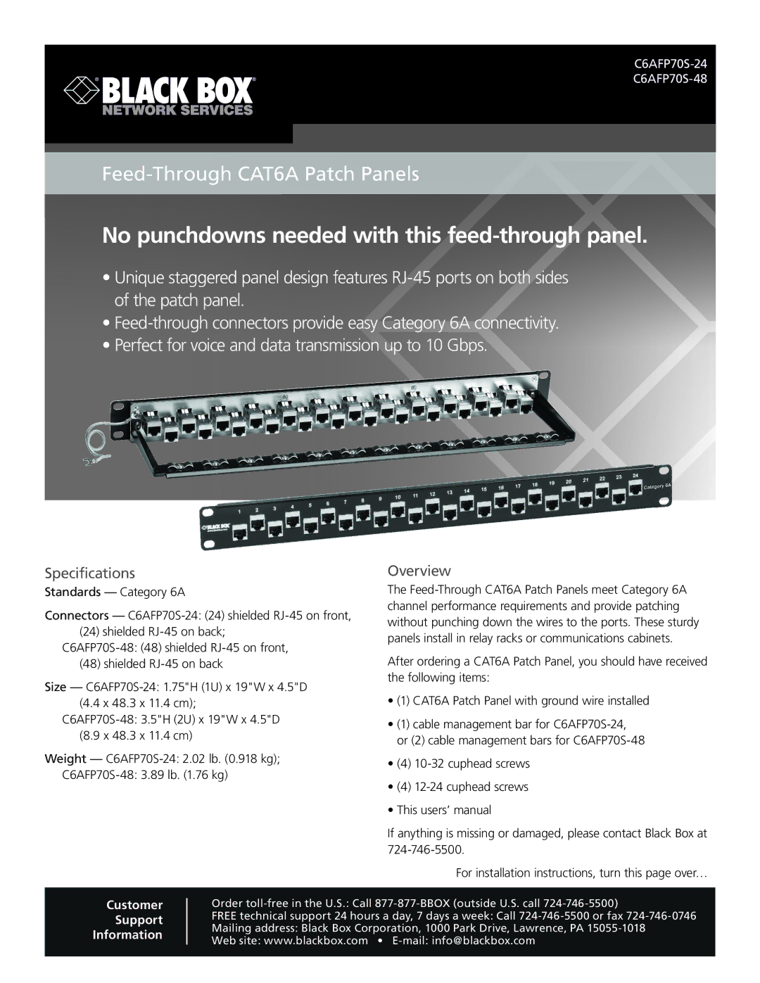 Black Box C6AFP70S-24 specifications No punchdowns needed with this feed-through panel, Specifications, Overview 