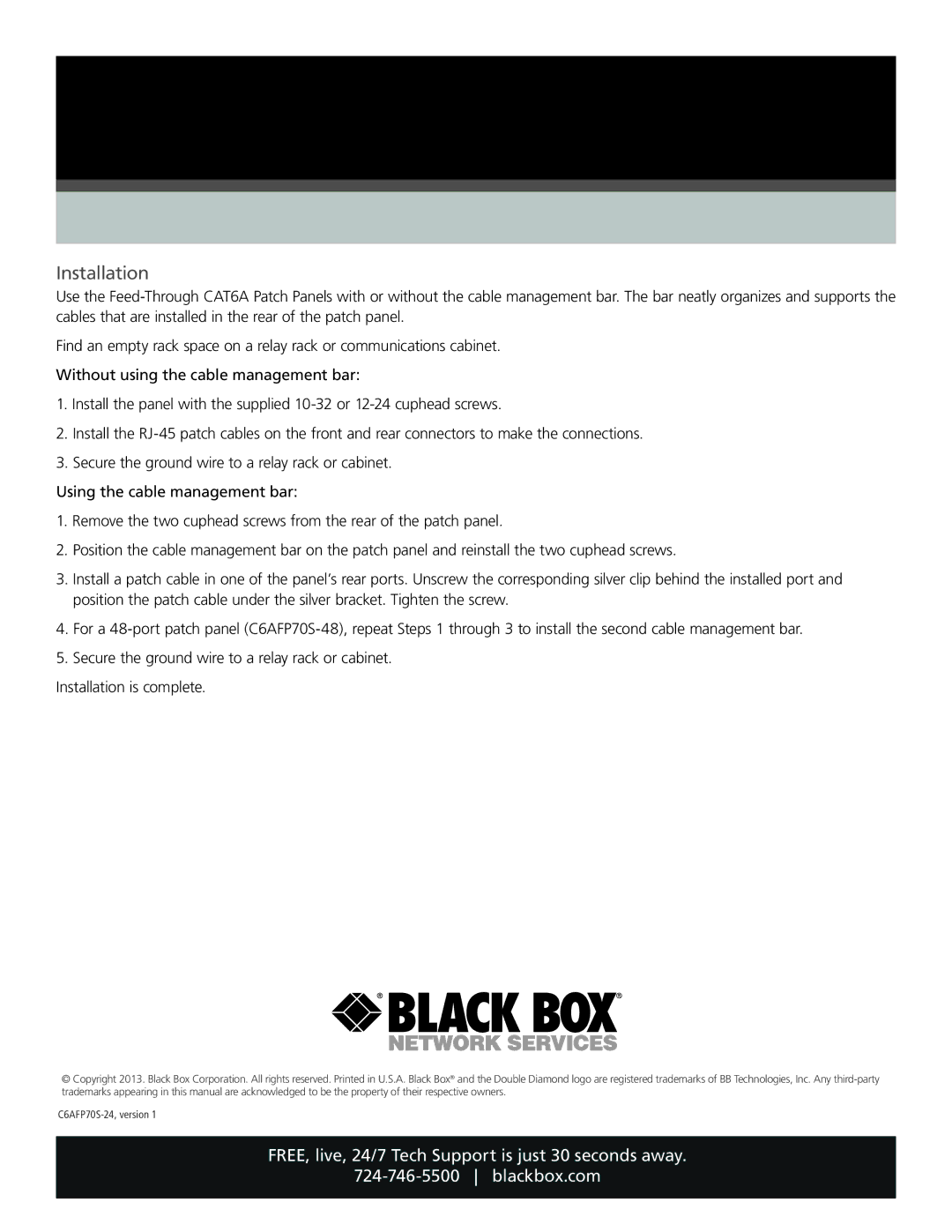 Black Box Black Box Feed-Through CAT6A Patch Panels, C6AFP70S-48, C6AFP70S-24 specifications Installation 