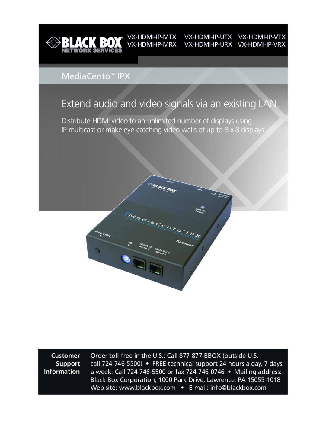 Black Box VX-HDMI-IP-MRX, VX-HDMI-IP-VTX manual MediaCento IPX, Extend audio and video signals via an existing LAN 