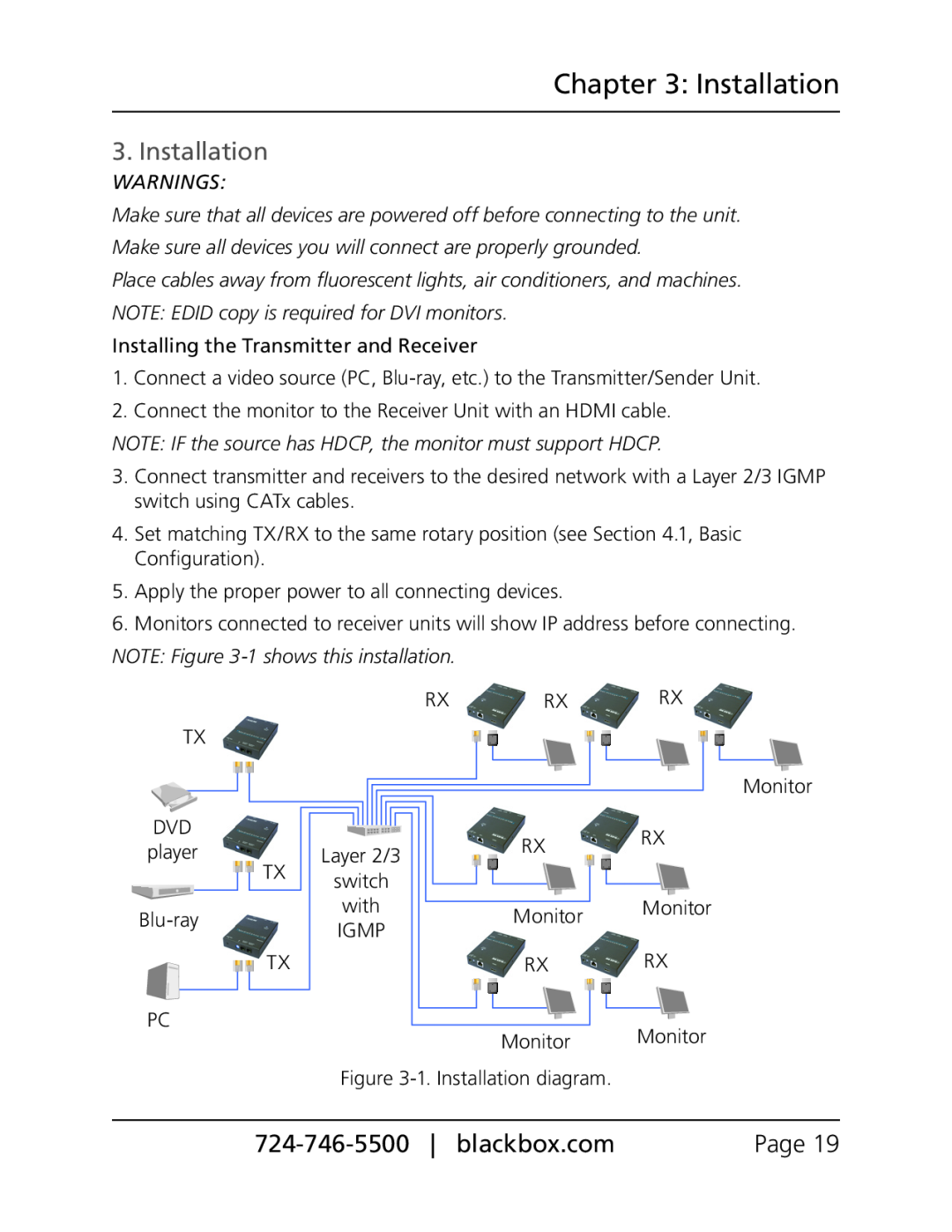 Black Box VX-HDMI-IP-URX manual Installation, Warnings, NOTE IF the source has HDCP, the monitor must support HDCP 