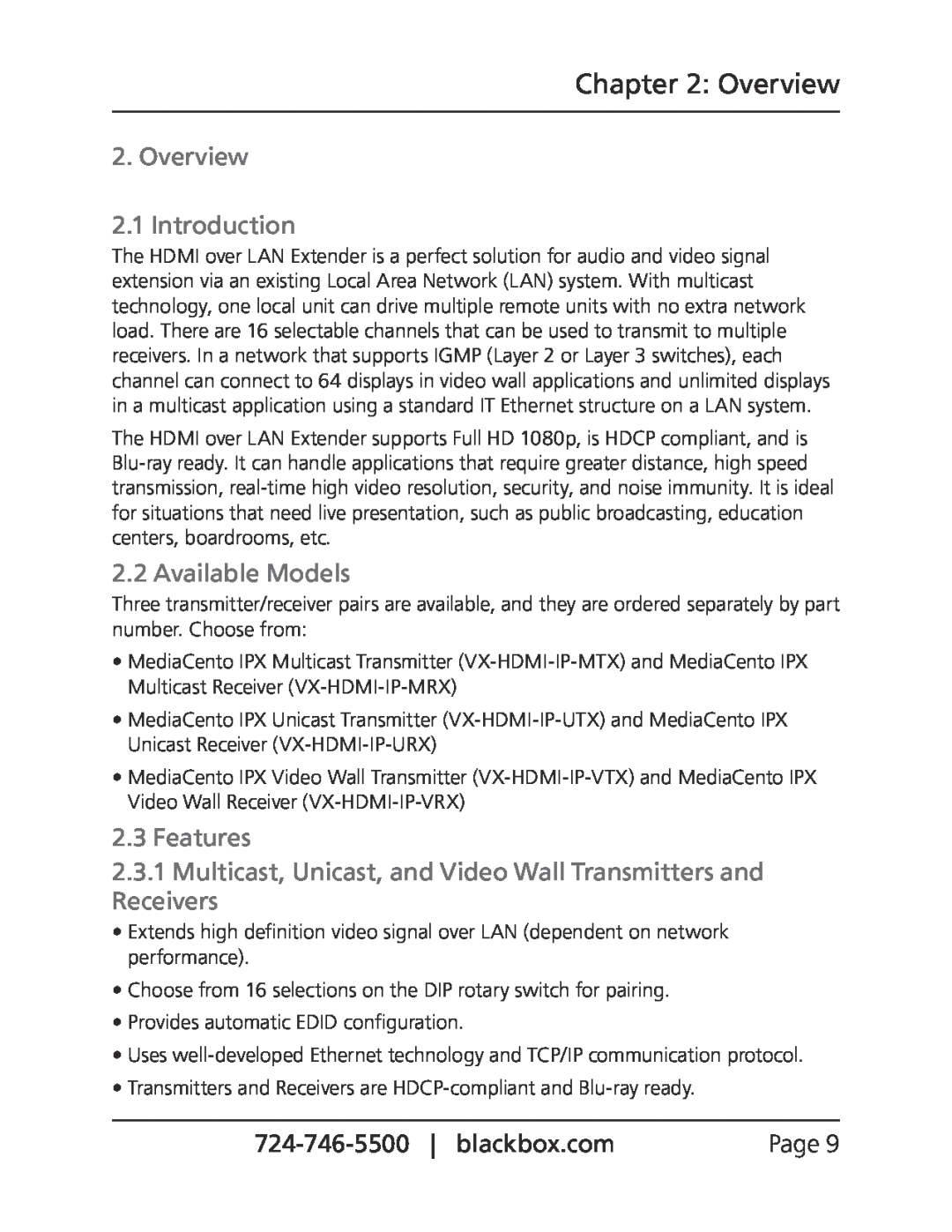 Black Box VX-HDMI-IP-VRX, VX-HDMI-IP-VTX, VX-HDMI-IP-MRX manual Overview 2.1 Introduction, Available Models, Features 