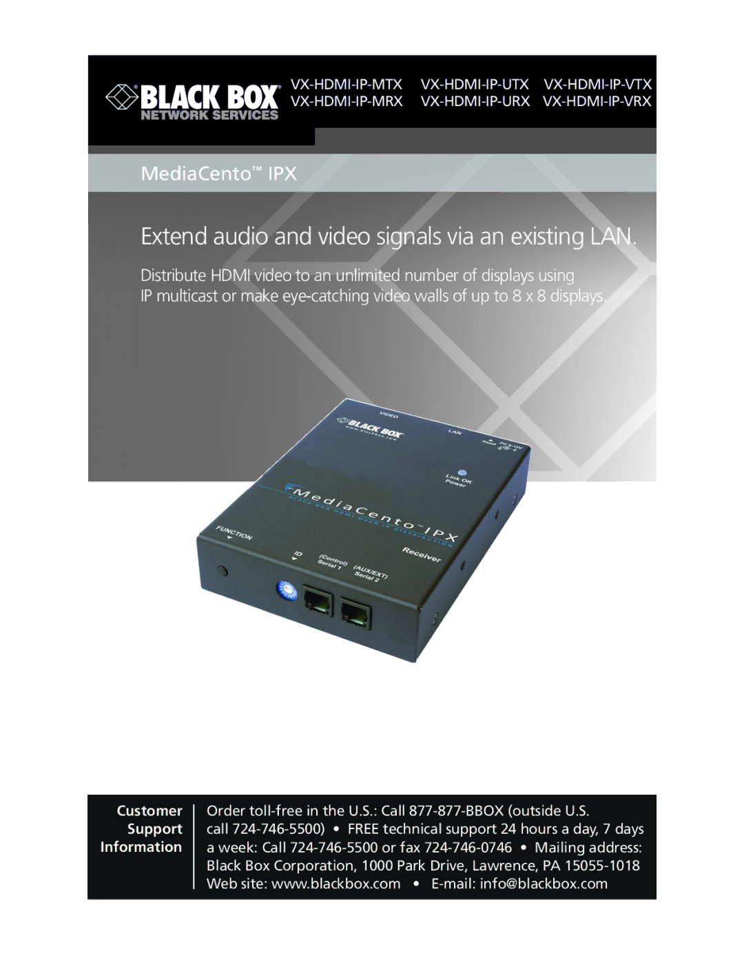 Black Box VX-HDMI-IP-MRX, VX-HDMI-IP-VTX, VX-HDMI-IP-VRX manual Extend audio and video signals via an existing LAN 