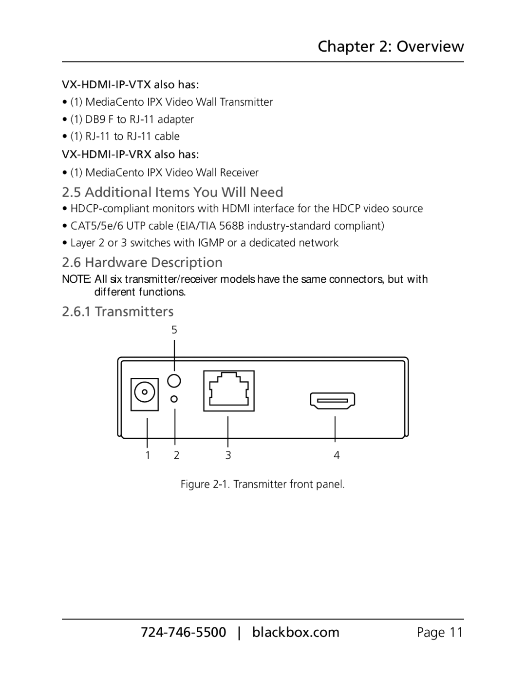 Black Box VX-HDMI-IP-MTX, VX-HDMI-IP-VTX, VX-HDMI-IP-MRX Additional Items You Will Need, Hardware Description Transmitters 