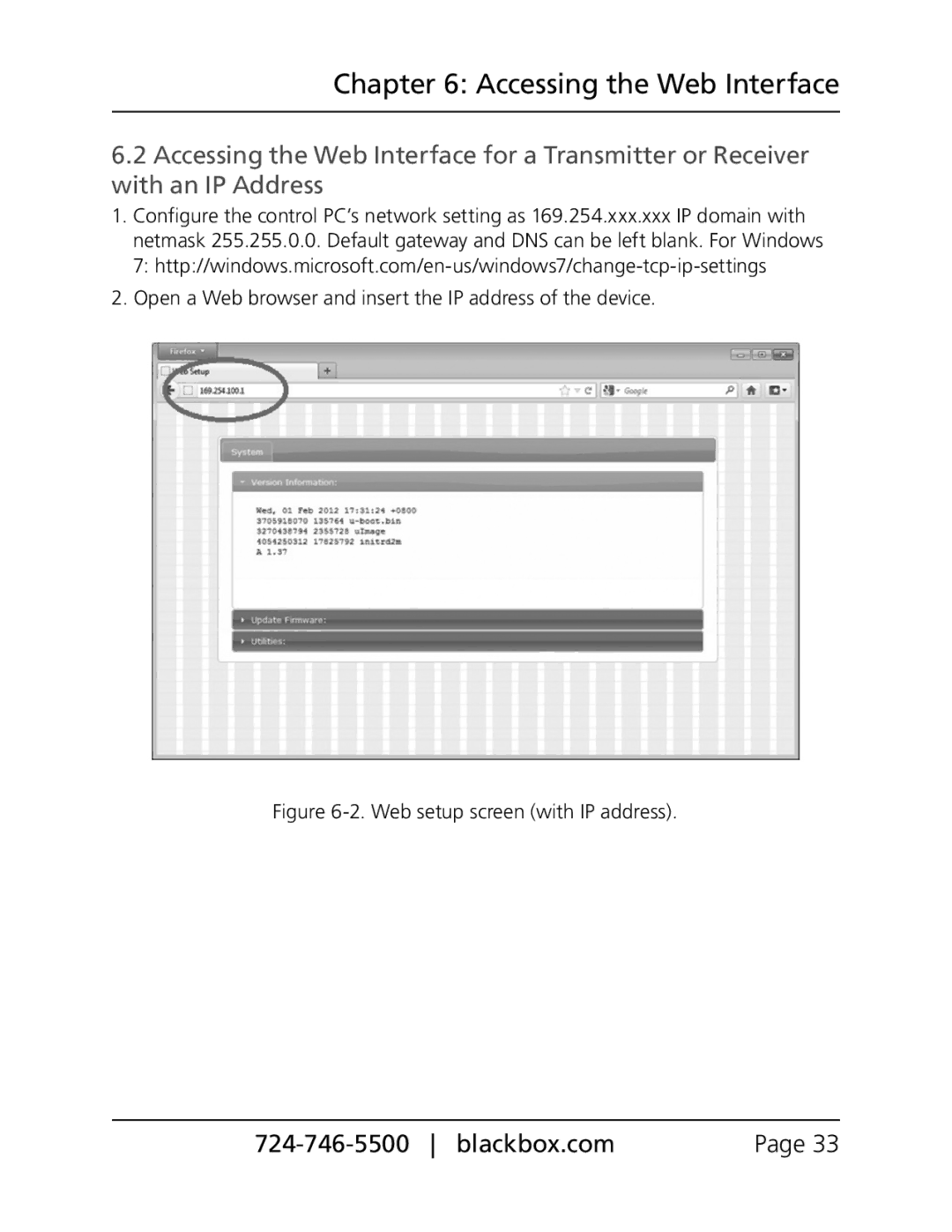 Black Box VX-HDMI-IP-URX, VX-HDMI-IP-VTX, VX-HDMI-IP-MRX, VX-HDMI-IP-VRX, VX-HDMI-IP-UTX Web setup screen with IP address 