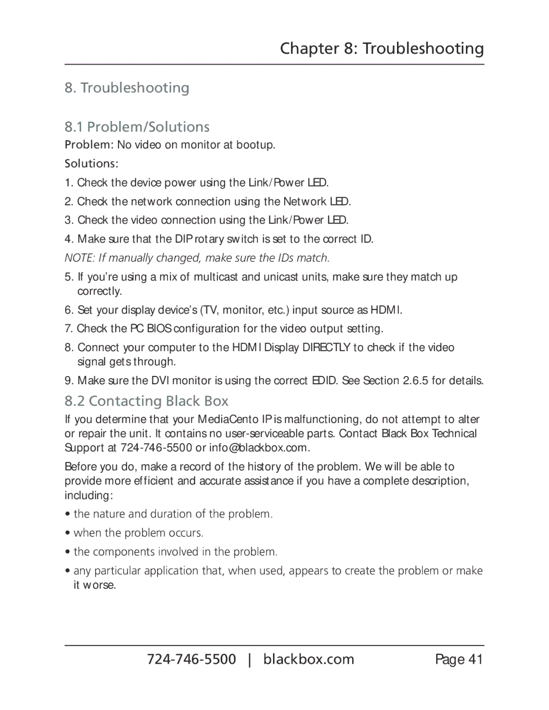 Black Box Black Box MediaCentro IPX, VX-HDMI-IP-VTX manual Troubleshooting Problem/Solutions, Contacting Black Box 