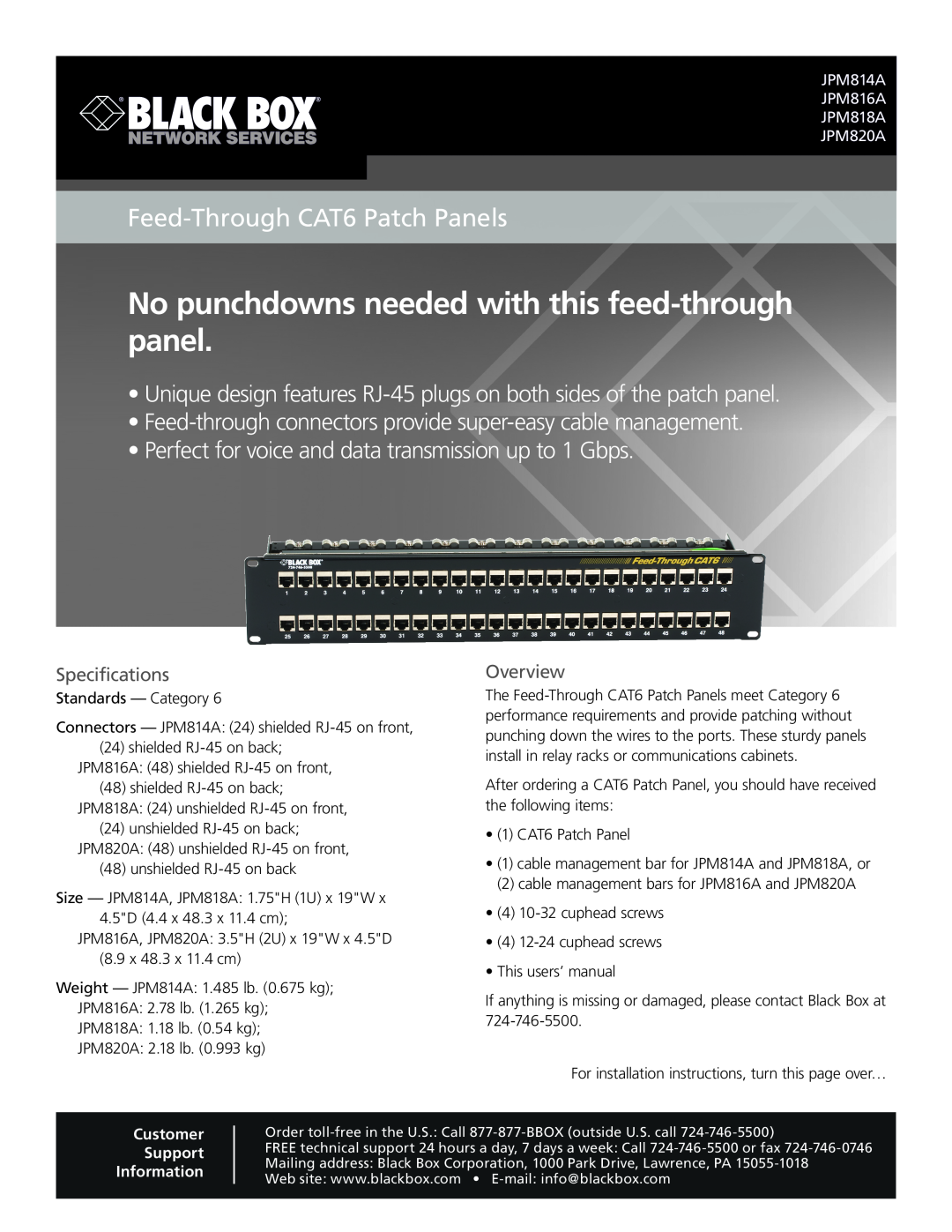 Black Box JPM814A, JPM816A specifications No punchdowns needed with this feed-throughpanel, Feed-ThroughCAT6 Patch Panels 